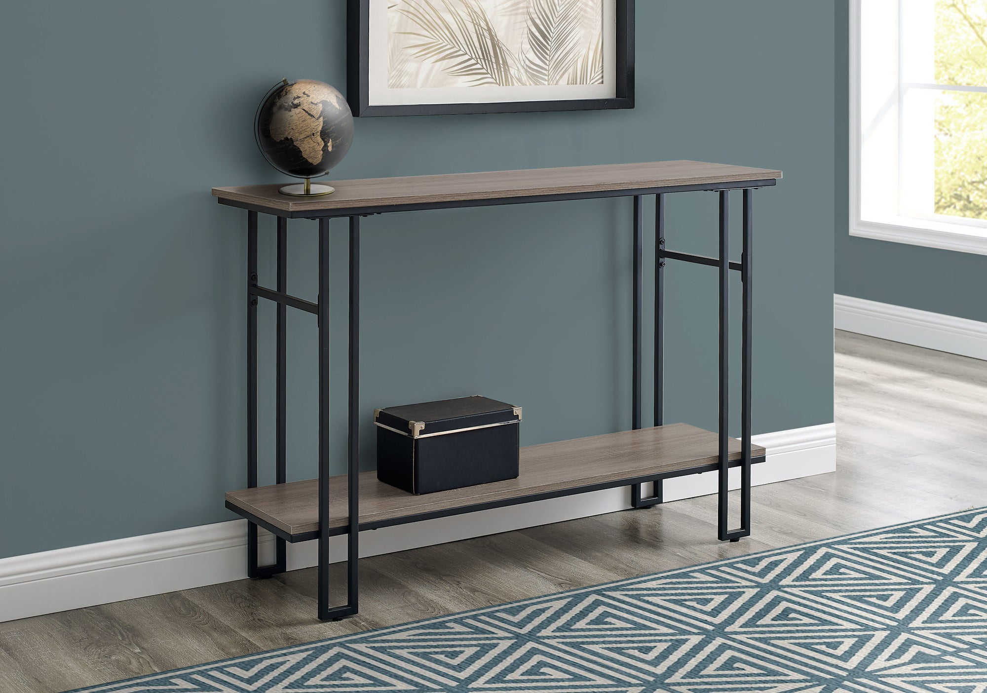 Accent Table 48"L Grey 2-Tier Console Black Metal-Accent Table-DECOROLALA