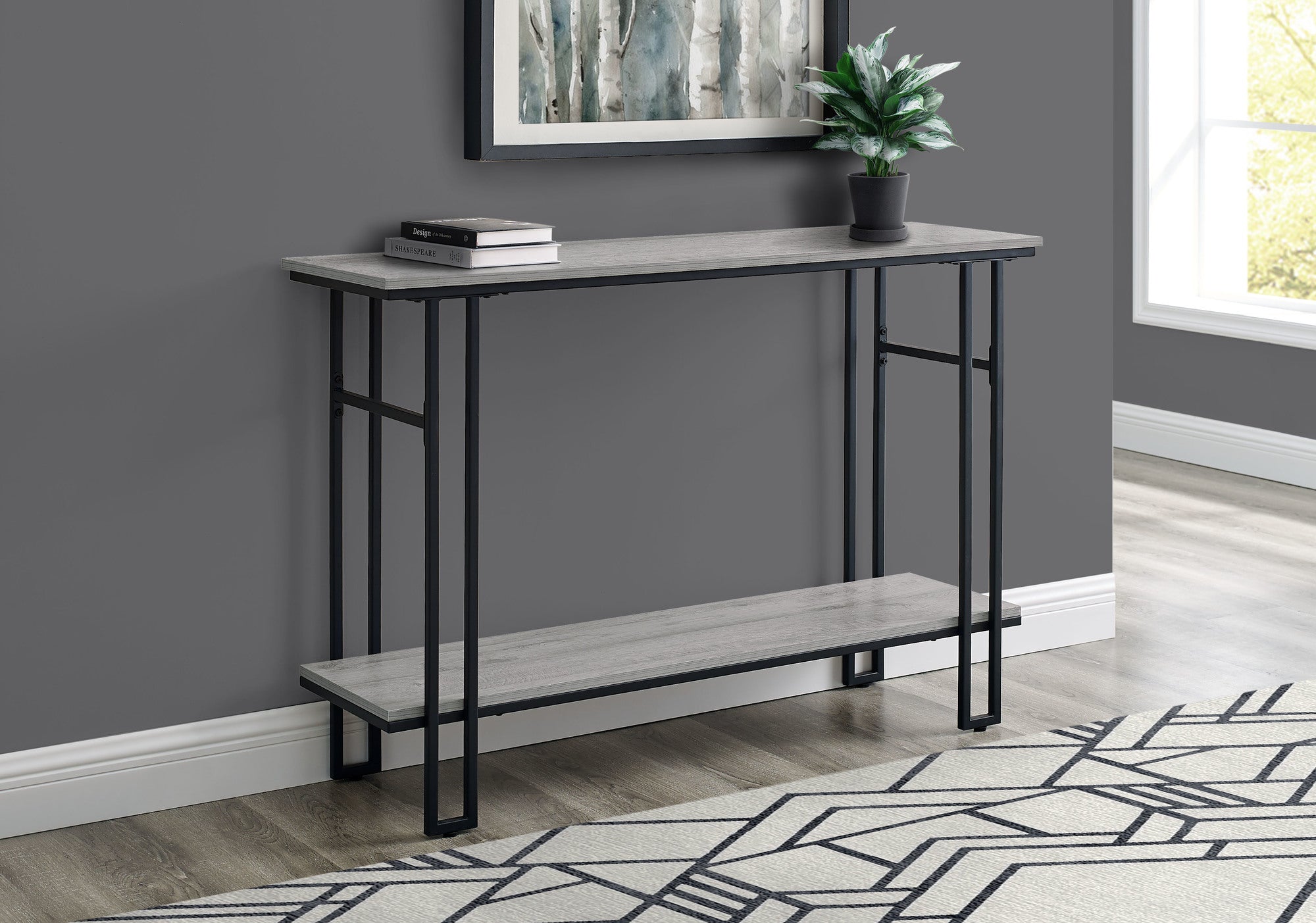 Accent Table 48"L Grey 2-Tier Console Black Metal-Accent Table-DECOROLALA