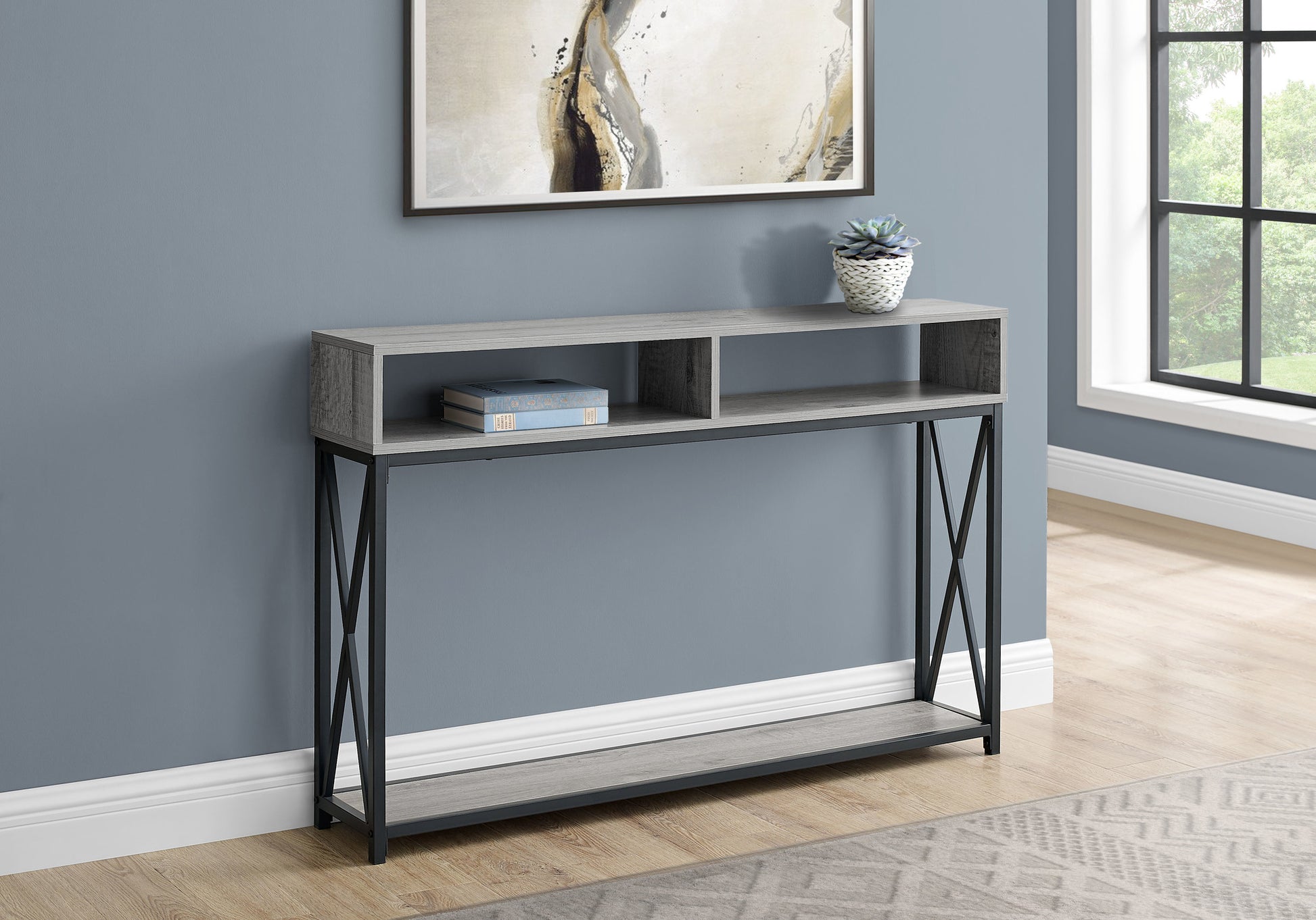 Accent Table - 48"L / Grey / Black Metal Hall Console-Accent Table-DECOROLALA