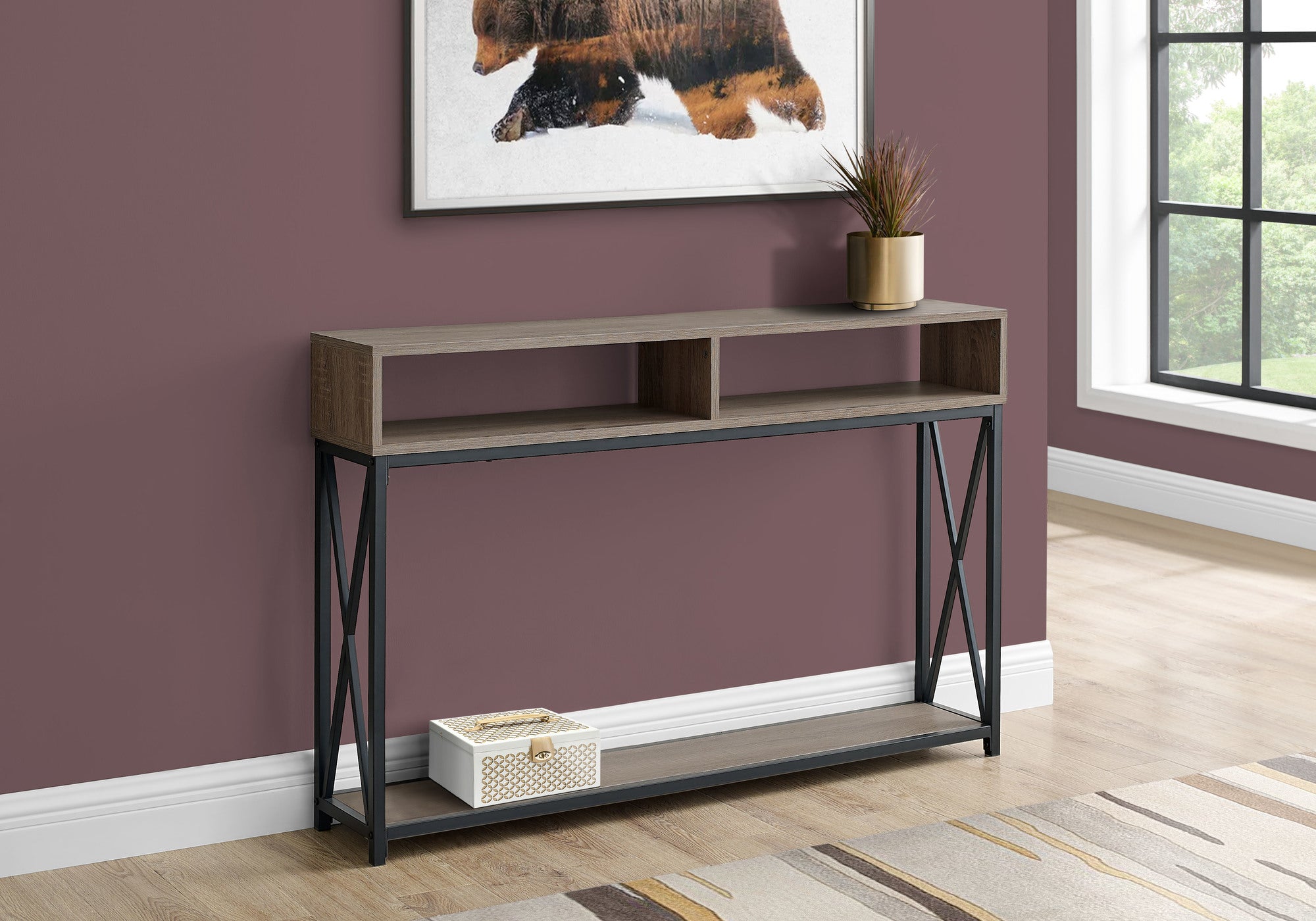 Accent Table 48"L Grey Wood Black Metal Frame-Accent Table-DECOROLALA
