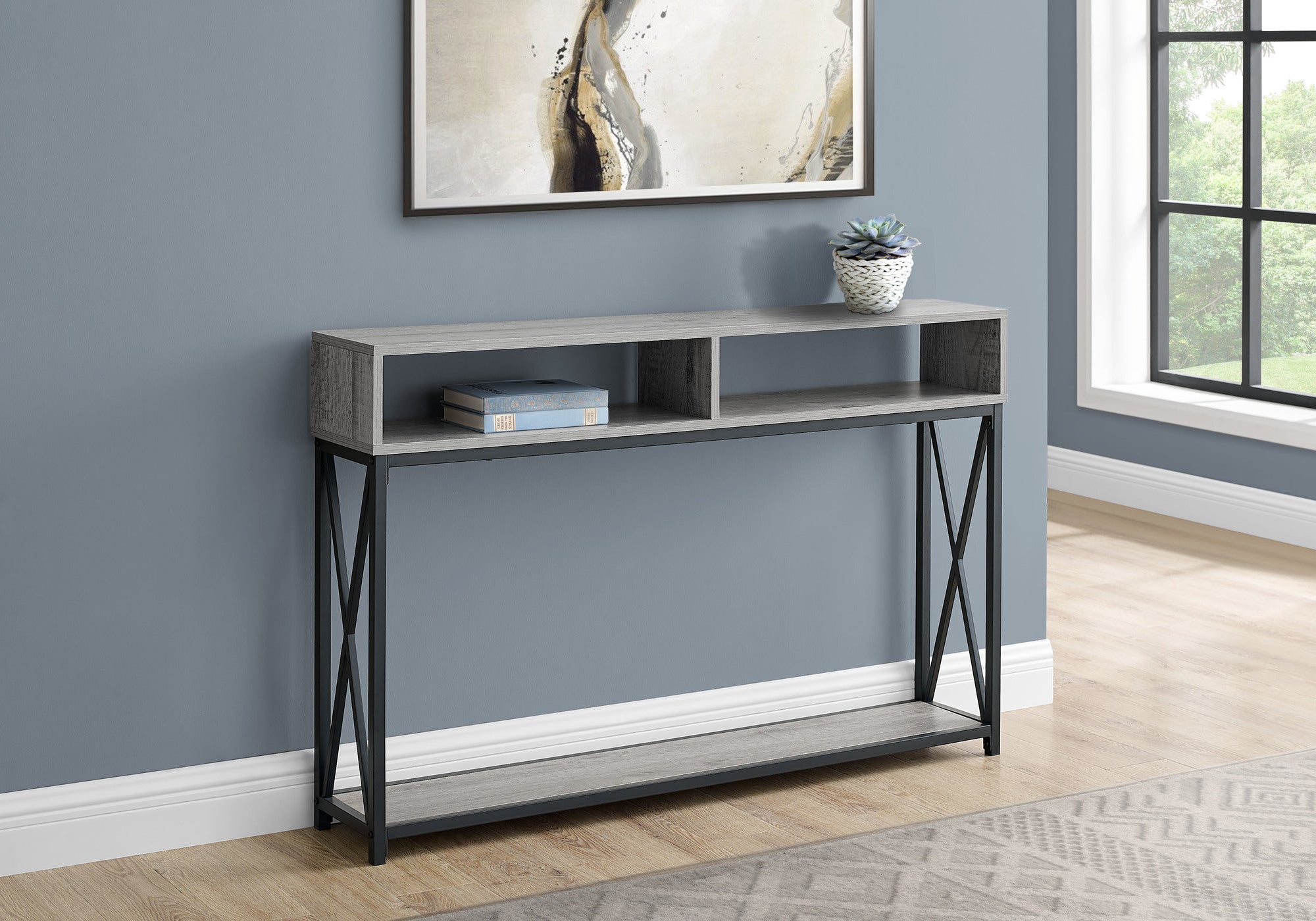 Accent Table 48"L Grey Wood Black Metal Frame-Accent Table-DECOROLALA