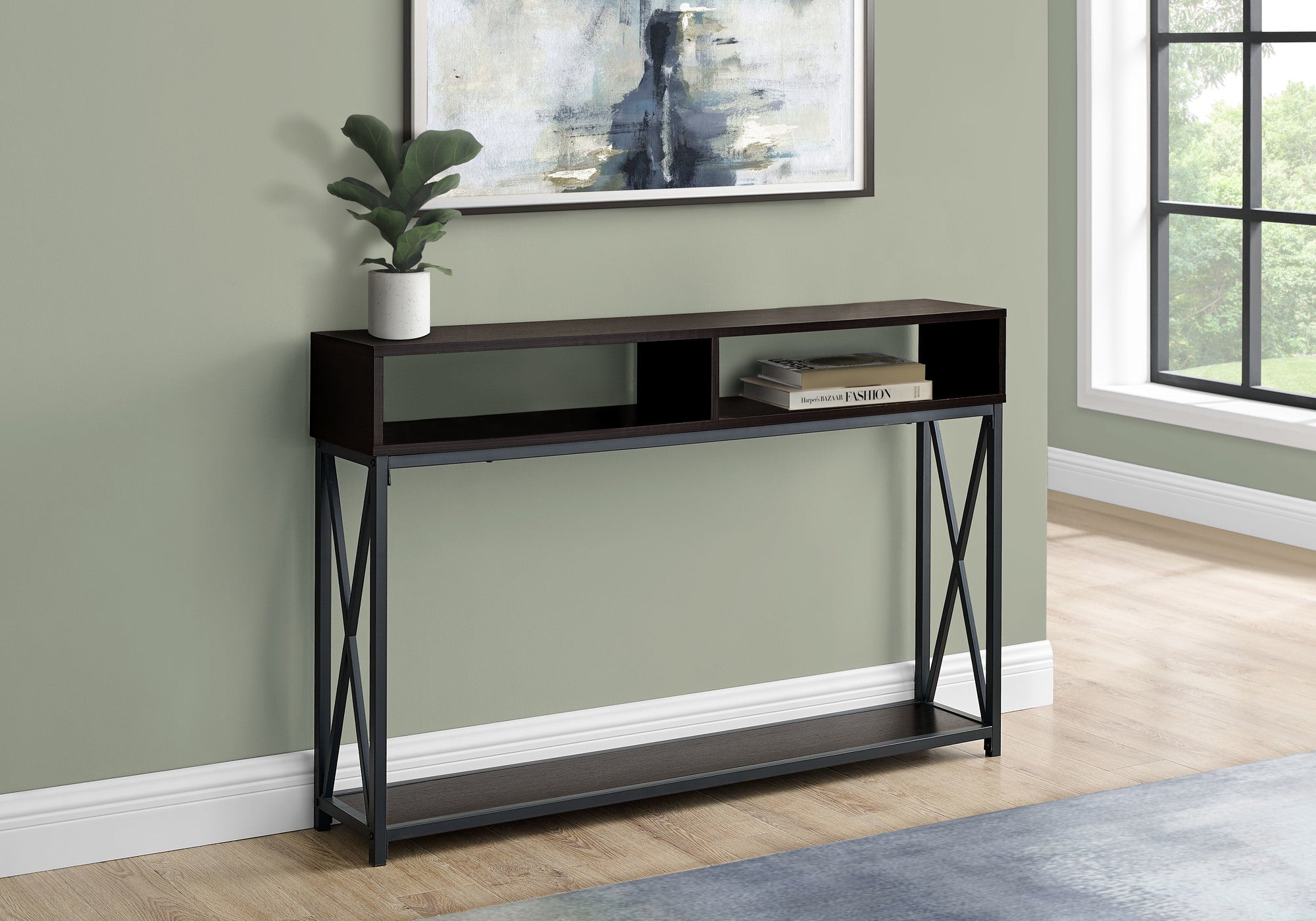 Accent Table 48"L Grey Wood Black Metal Frame-Accent Table-DECOROLALA