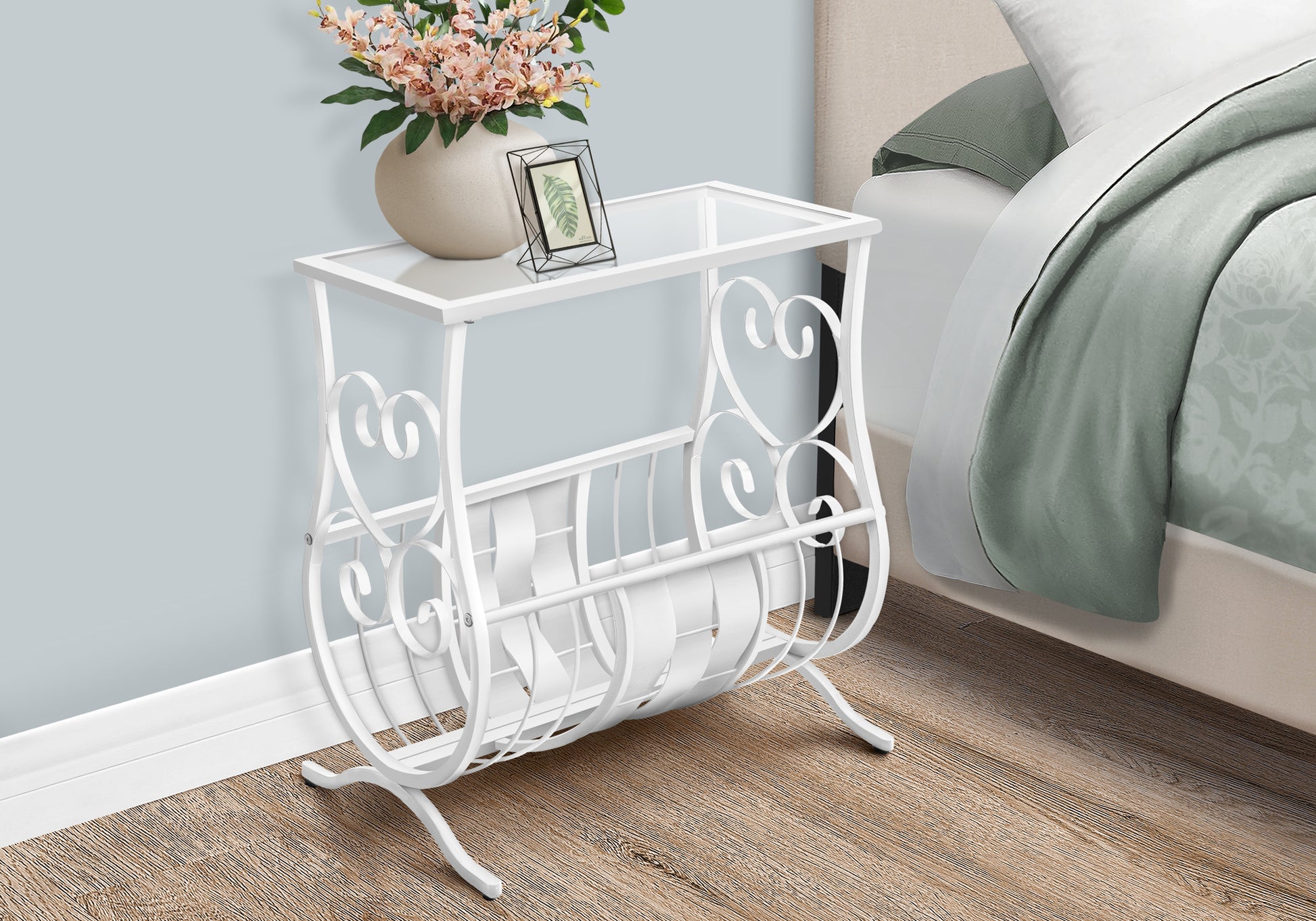 Accent Table - Antique White Metal With Tempered Glass-Accent Table-DECOROLALA