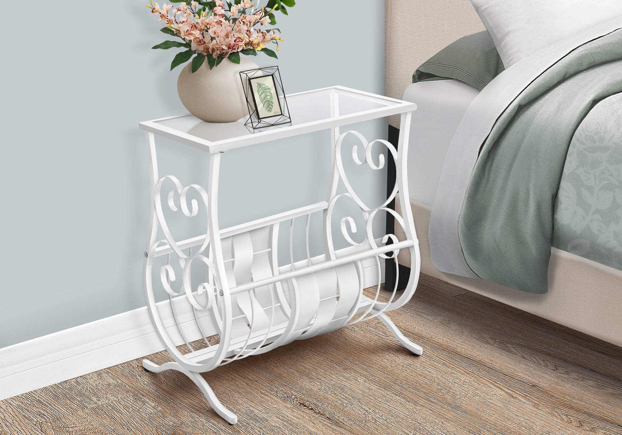 Accent Table - Antique White Metal With Tempered Glass-Accent Table-DECOROLALA