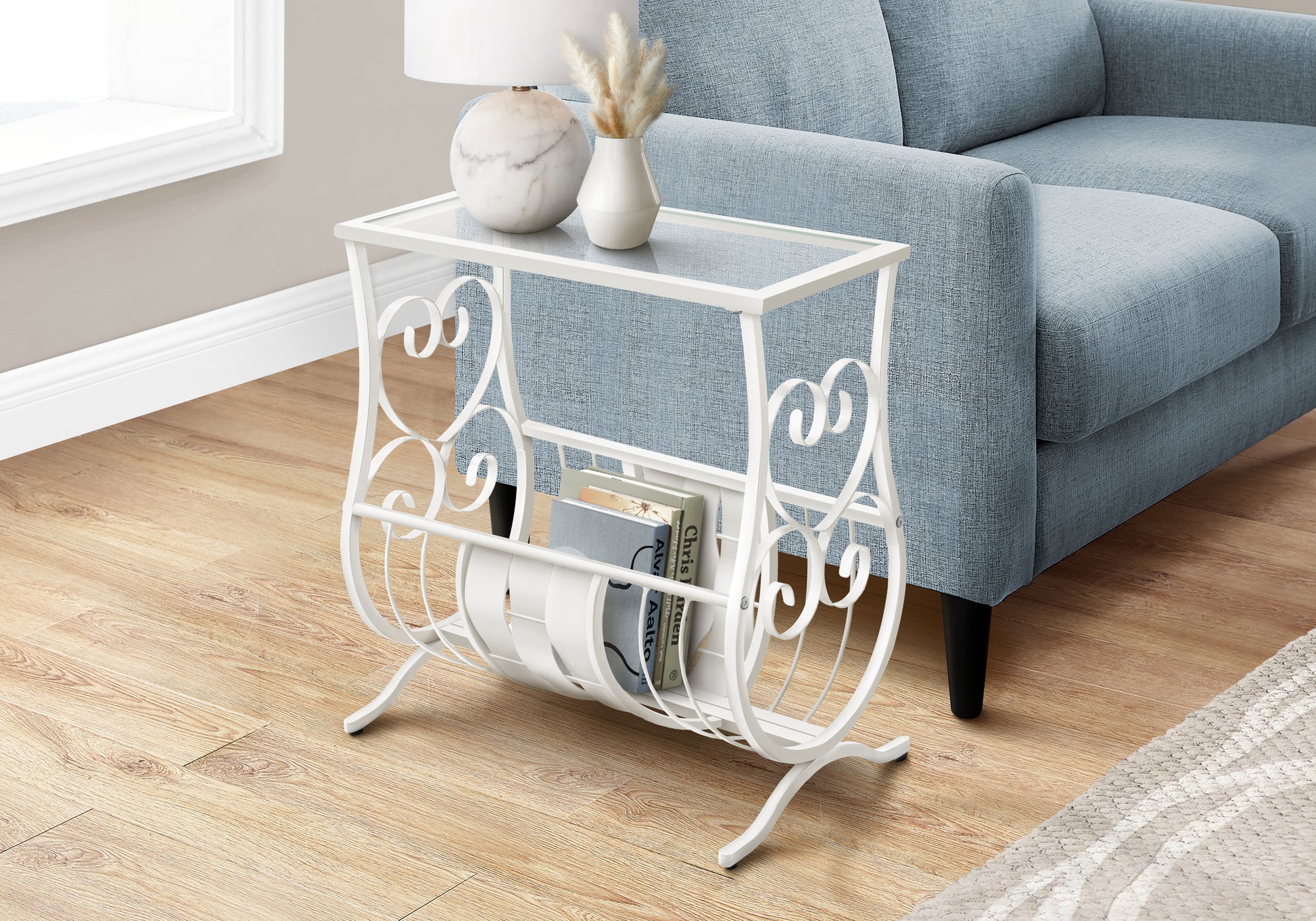 Accent Table - Antique White Metal With Tempered Glass-Accent Table-DECOROLALA