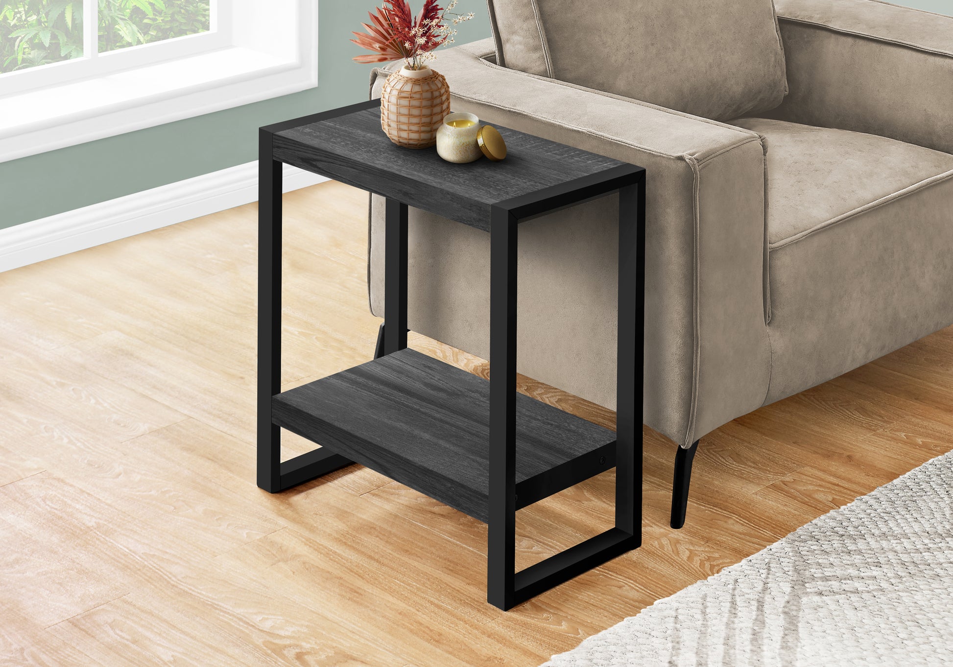 Accent Table Brown Reclaimed Wood 2-Tier Black Metal-Accent Table-DECOROLALA