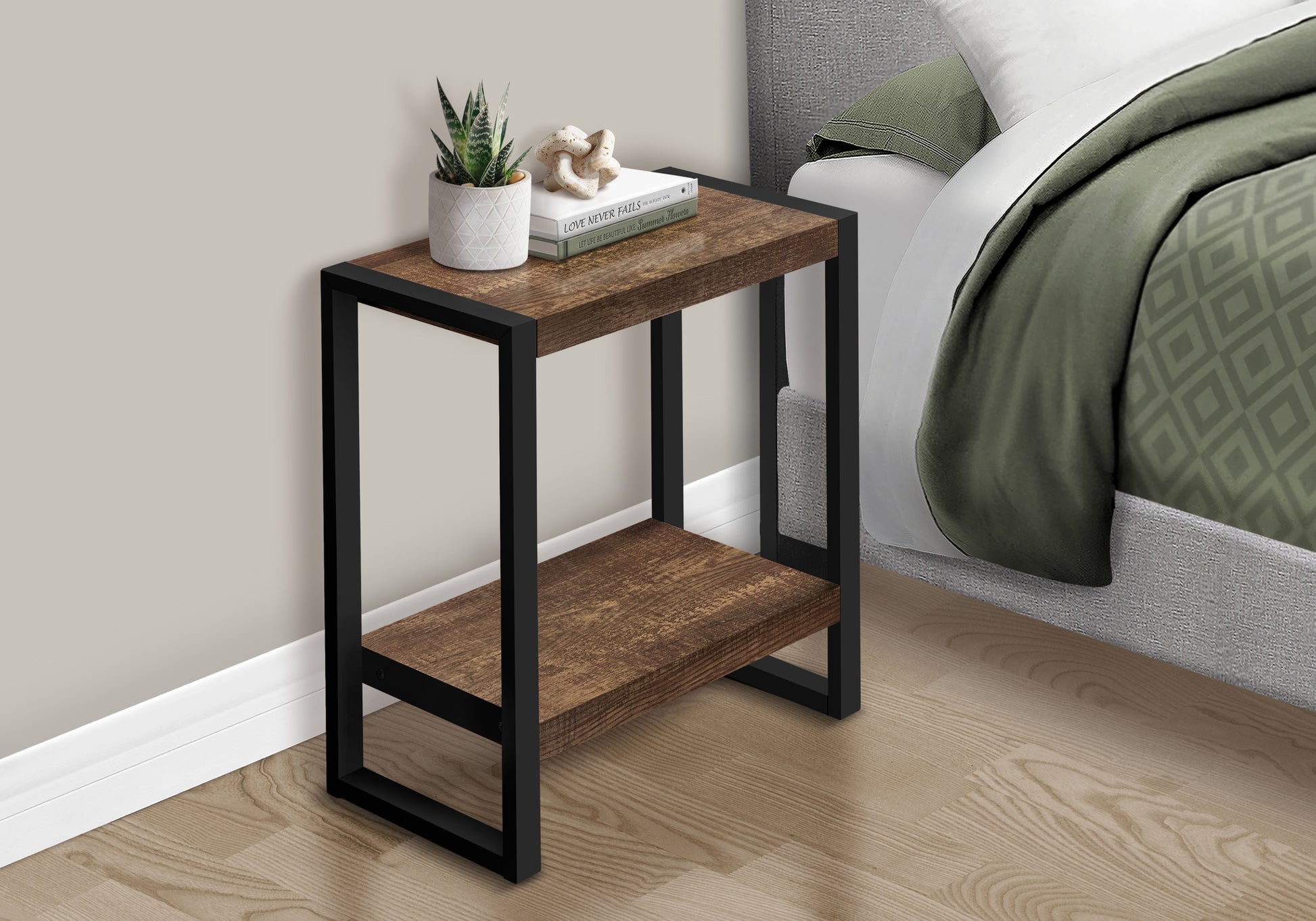 Accent Table Brown Reclaimed Wood 2-Tier Black Metal-Accent Table-DECOROLALA