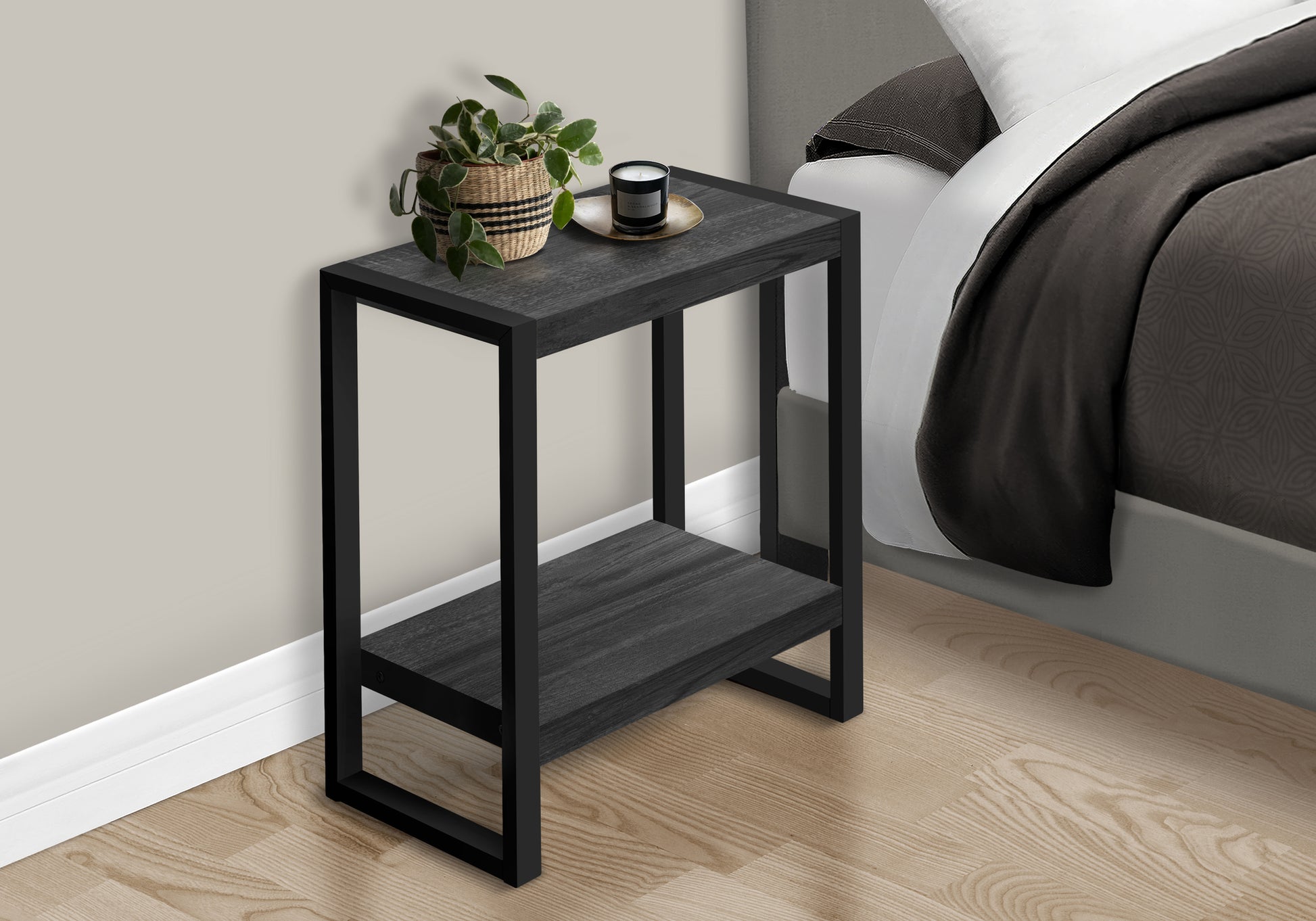 Accent Table Brown Reclaimed Wood 2-Tier Black Metal-Accent Table-DECOROLALA