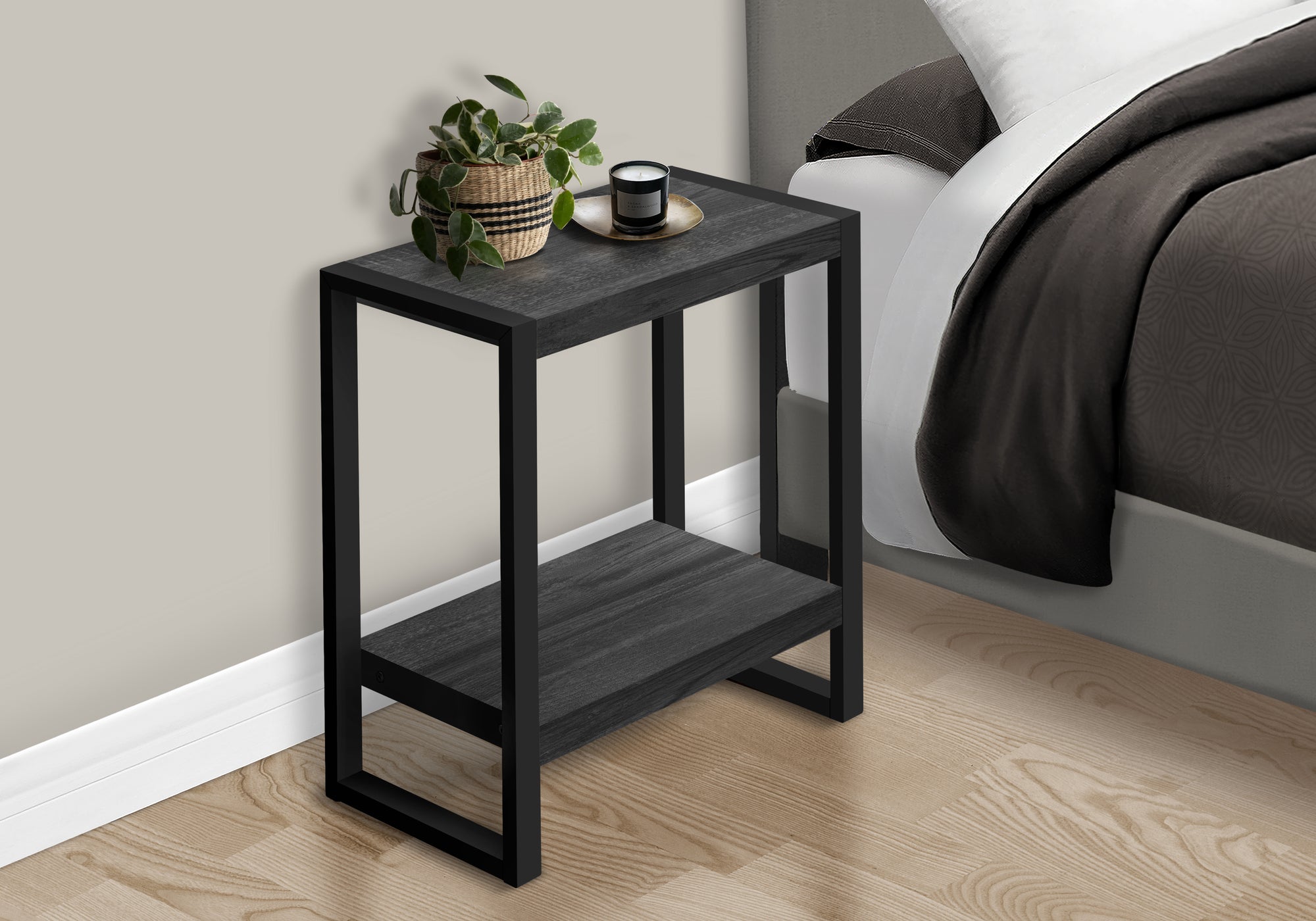 Accent Table Brown Reclaimed Wood 2-Tier Black Metal-Accent Table-DECOROLALA