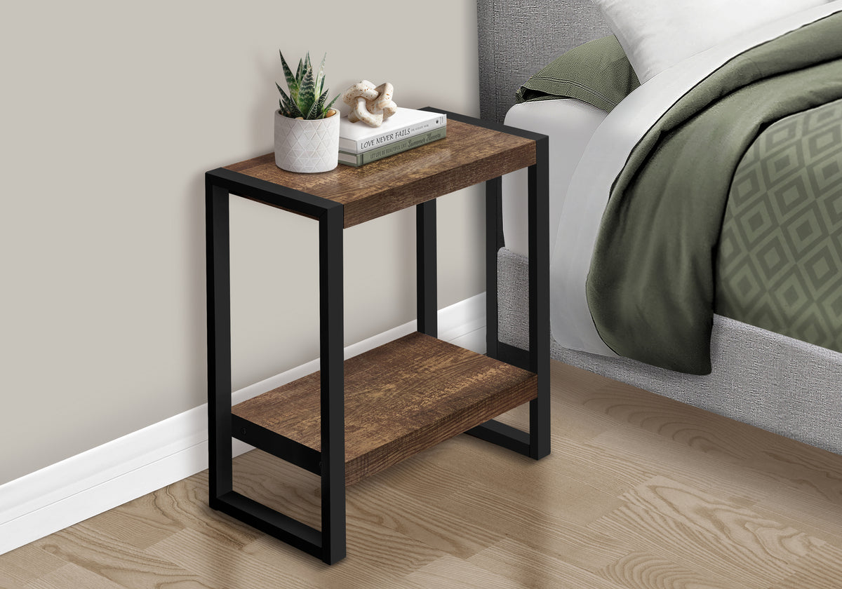 Accent Table Brown Reclaimed Wood 2-Tier Black Metal-Accent Tables-DECOROLALA