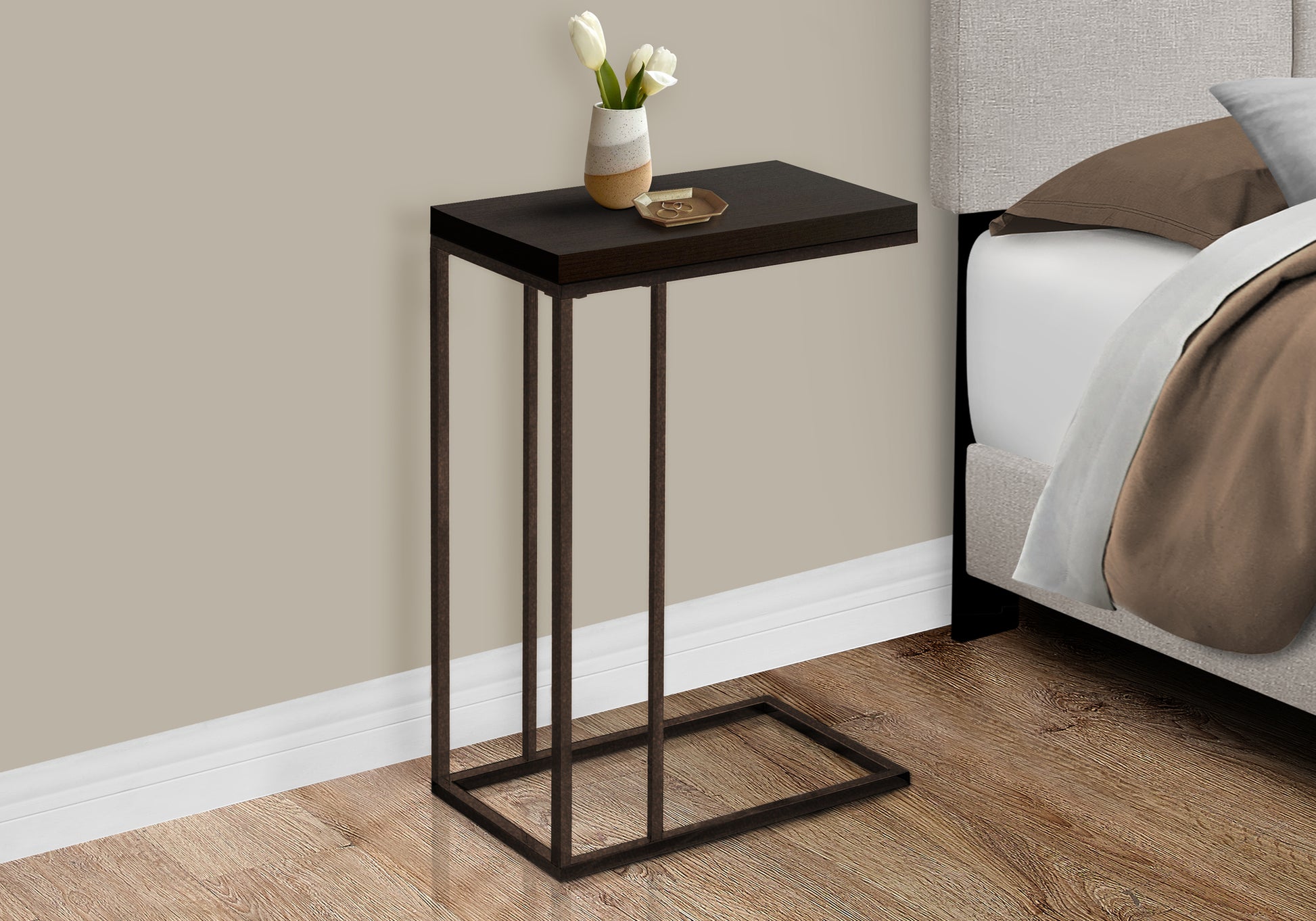 Accent Table C-Shape Espresso Wood Bronze Metal-Accent Table-DECOROLALA
