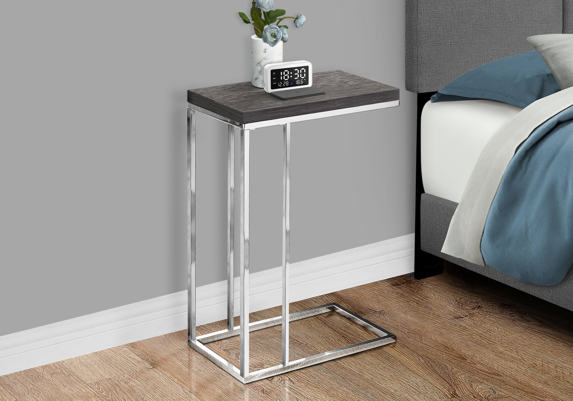 Accent Table C-Shape Espresso Wood Bronze Metal-Accent Table-DECOROLALA