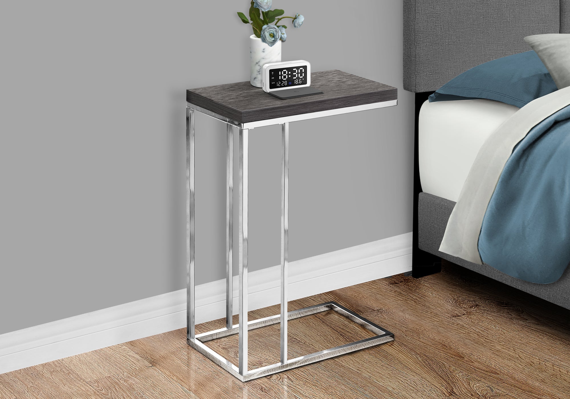 Accent Table C-Shape Espresso Wood Bronze Metal-Accent Table-DECOROLALA