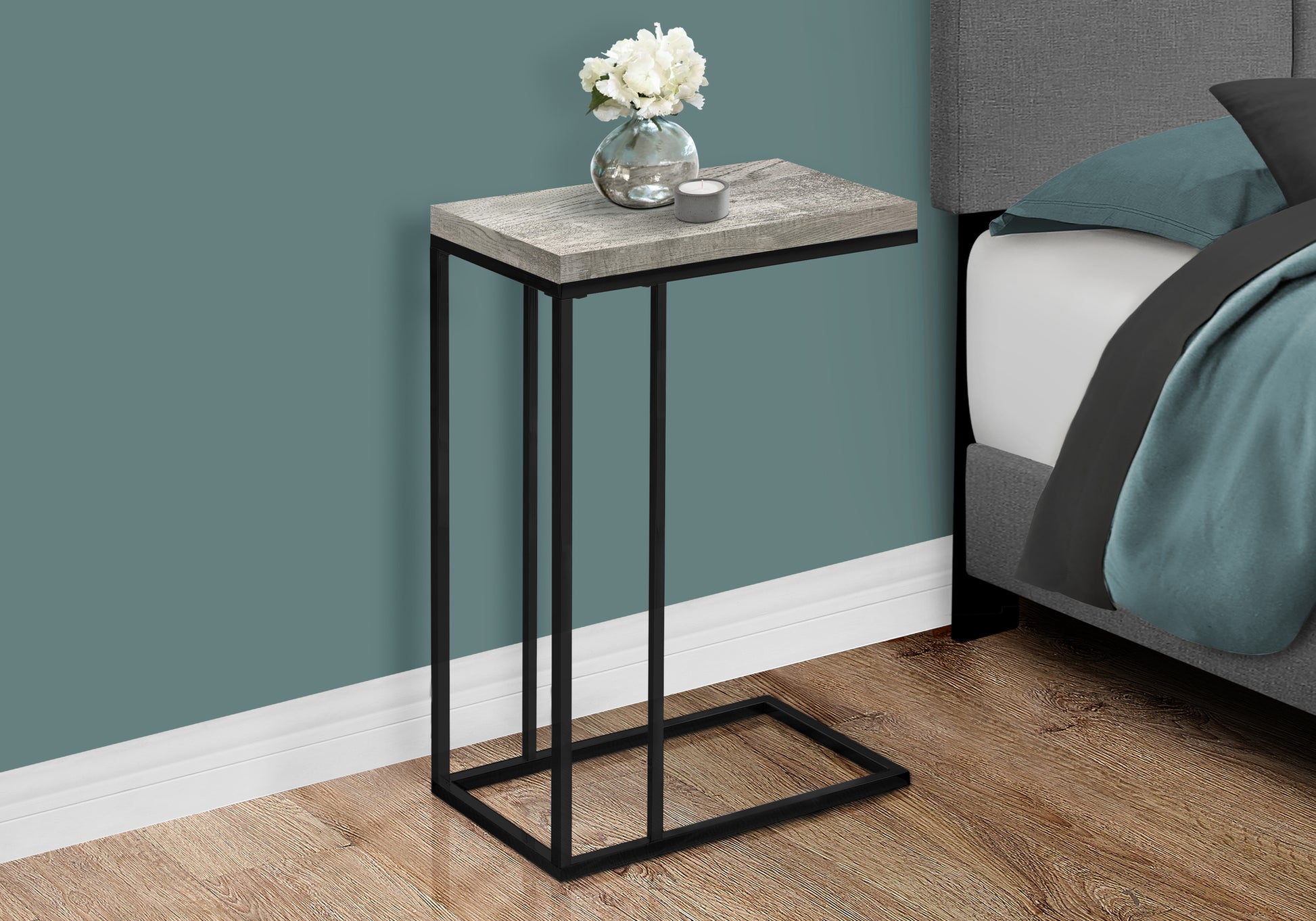 Accent Table C-Shape Espresso Wood Bronze Metal-Accent Table-DECOROLALA
