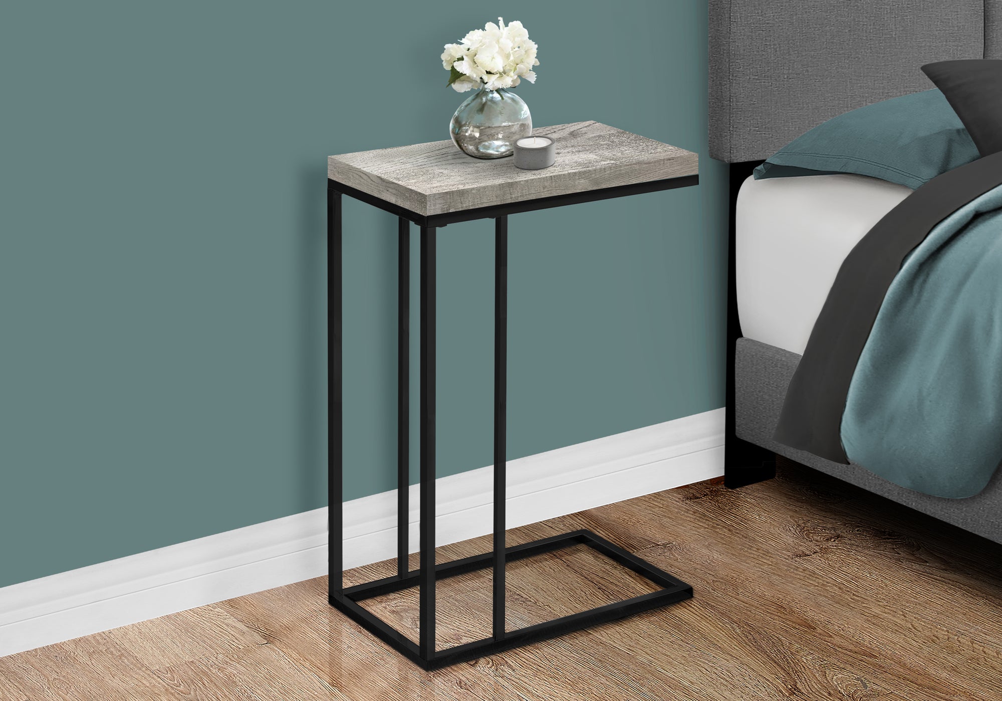 Accent Table C-Shape Espresso Wood Bronze Metal-Accent Table-DECOROLALA