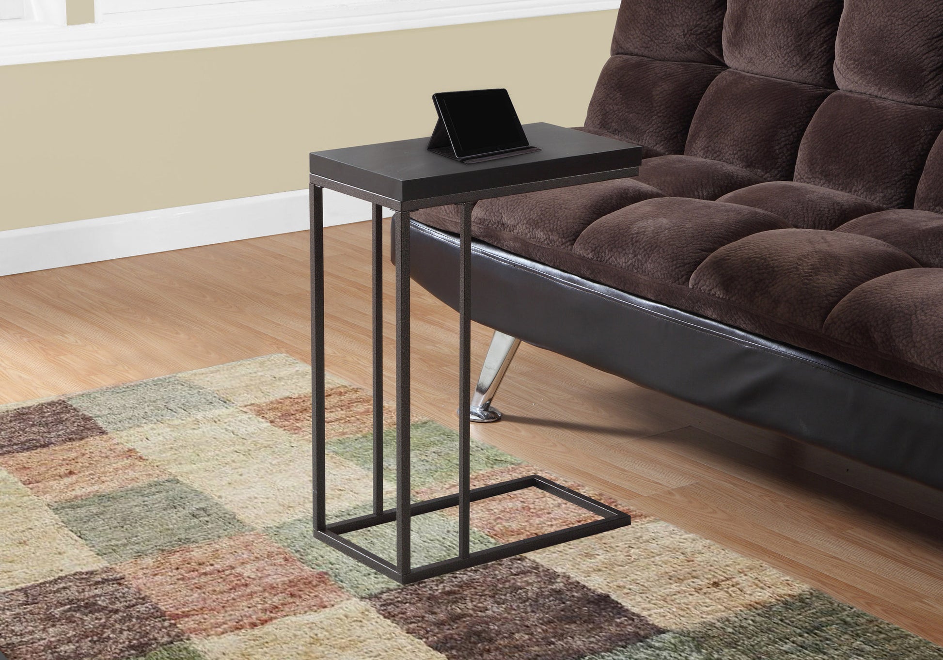 Accent Table C-Shape Espresso Wood Bronze Metal-Accent Table-DECOROLALA