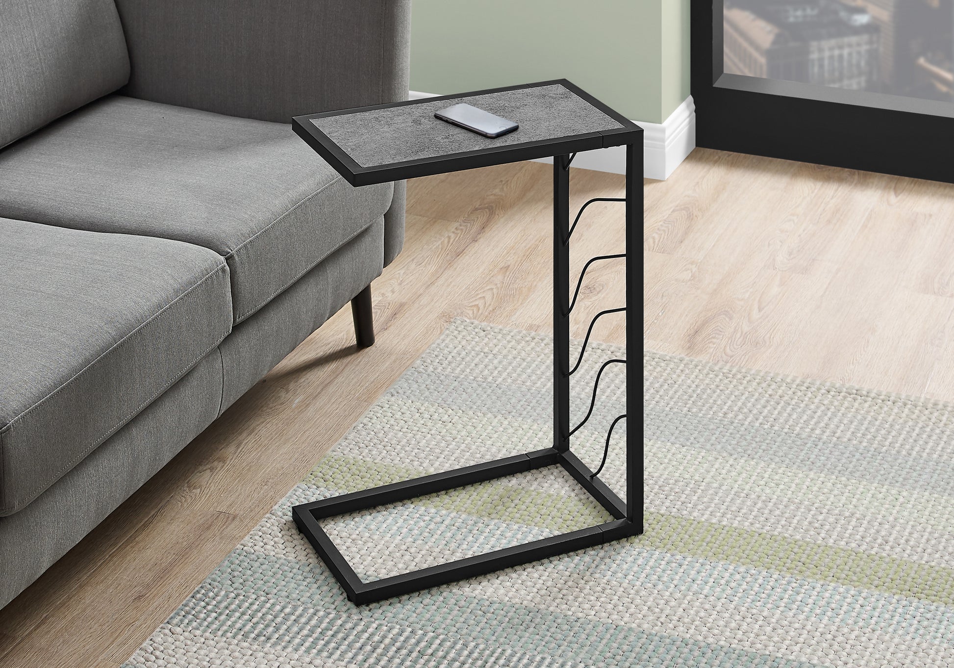 Accent Table C-Shaped 25"H White Marble-Look Black Metal-Accent Table-DECOROLALA