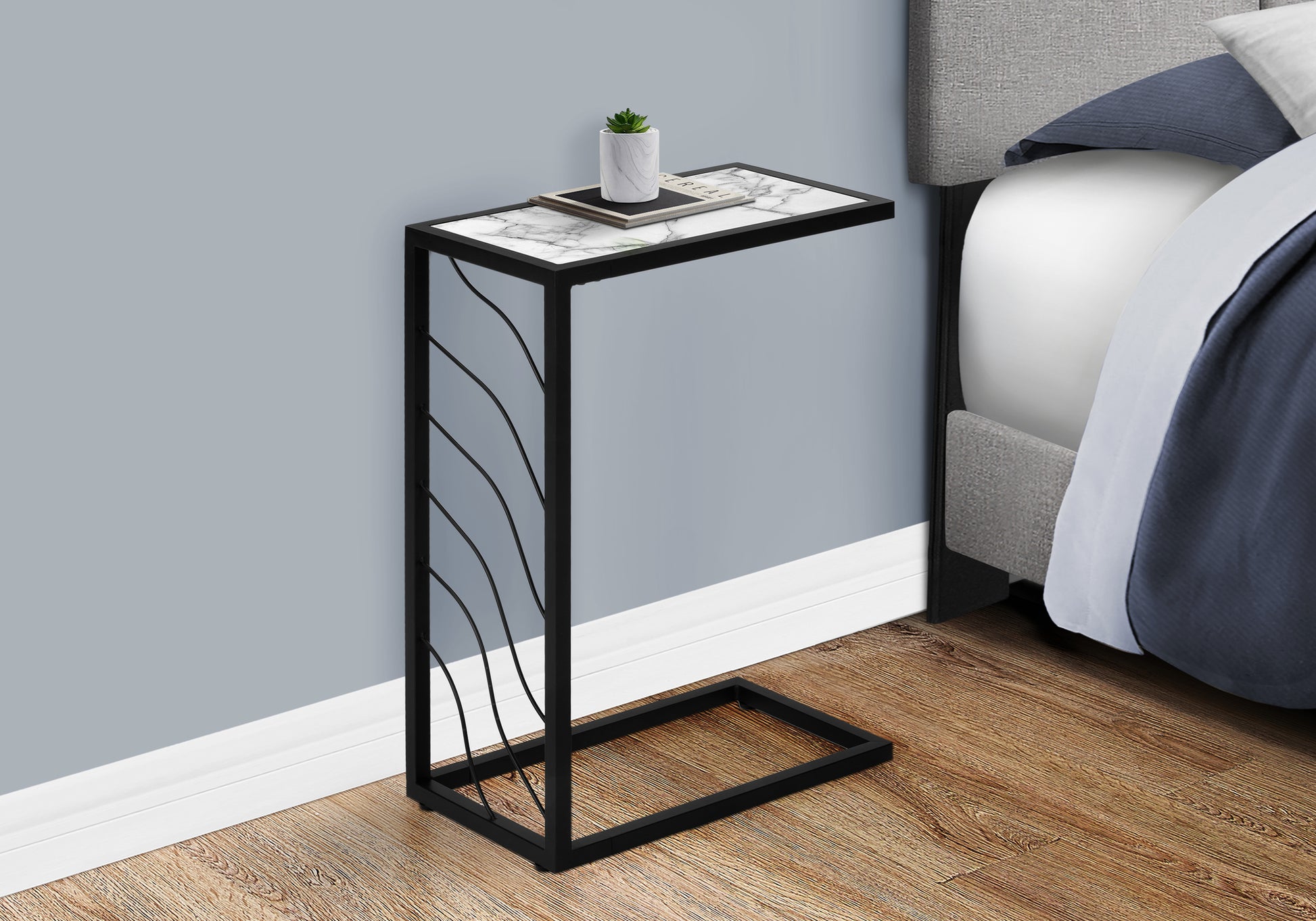 Accent Table C-Shaped 25"H White Marble-Look Black Metal-Accent Table-DECOROLALA