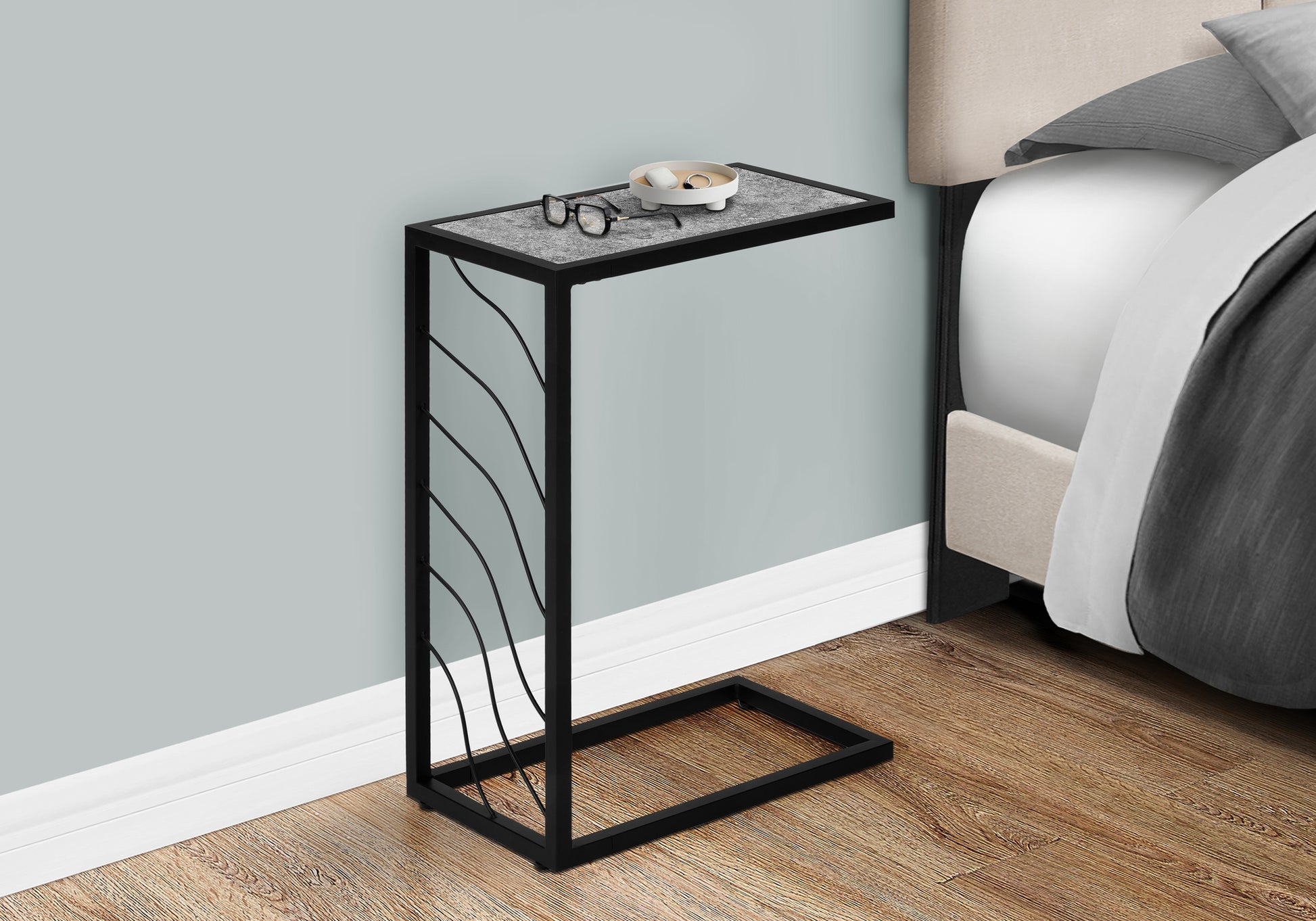 Accent Table C-Shaped 25"H White Marble-Look Black Metal-Accent Table-DECOROLALA