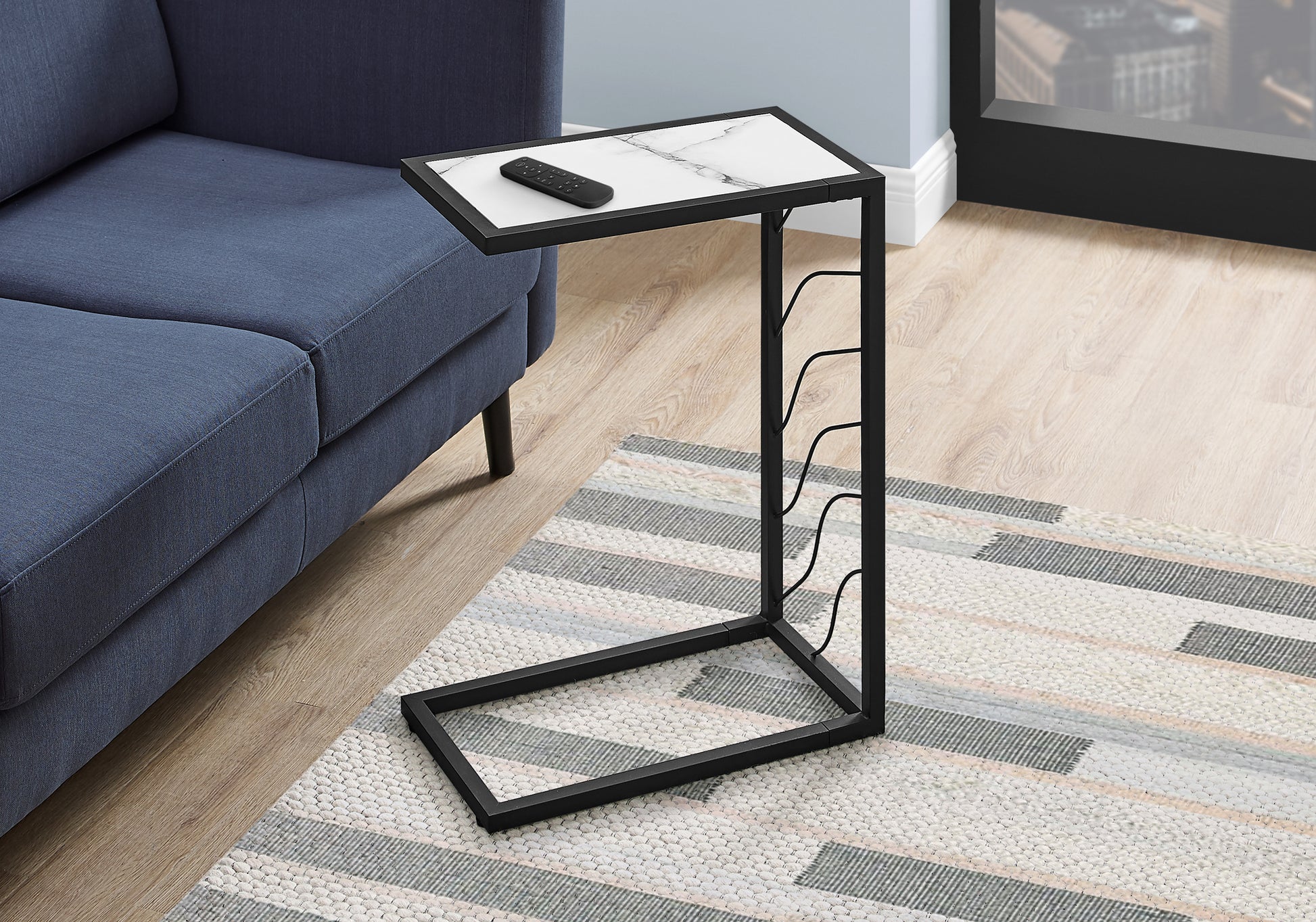 Accent Table C-Shaped 25"H White Marble-Look Black Metal-Accent Table-DECOROLALA