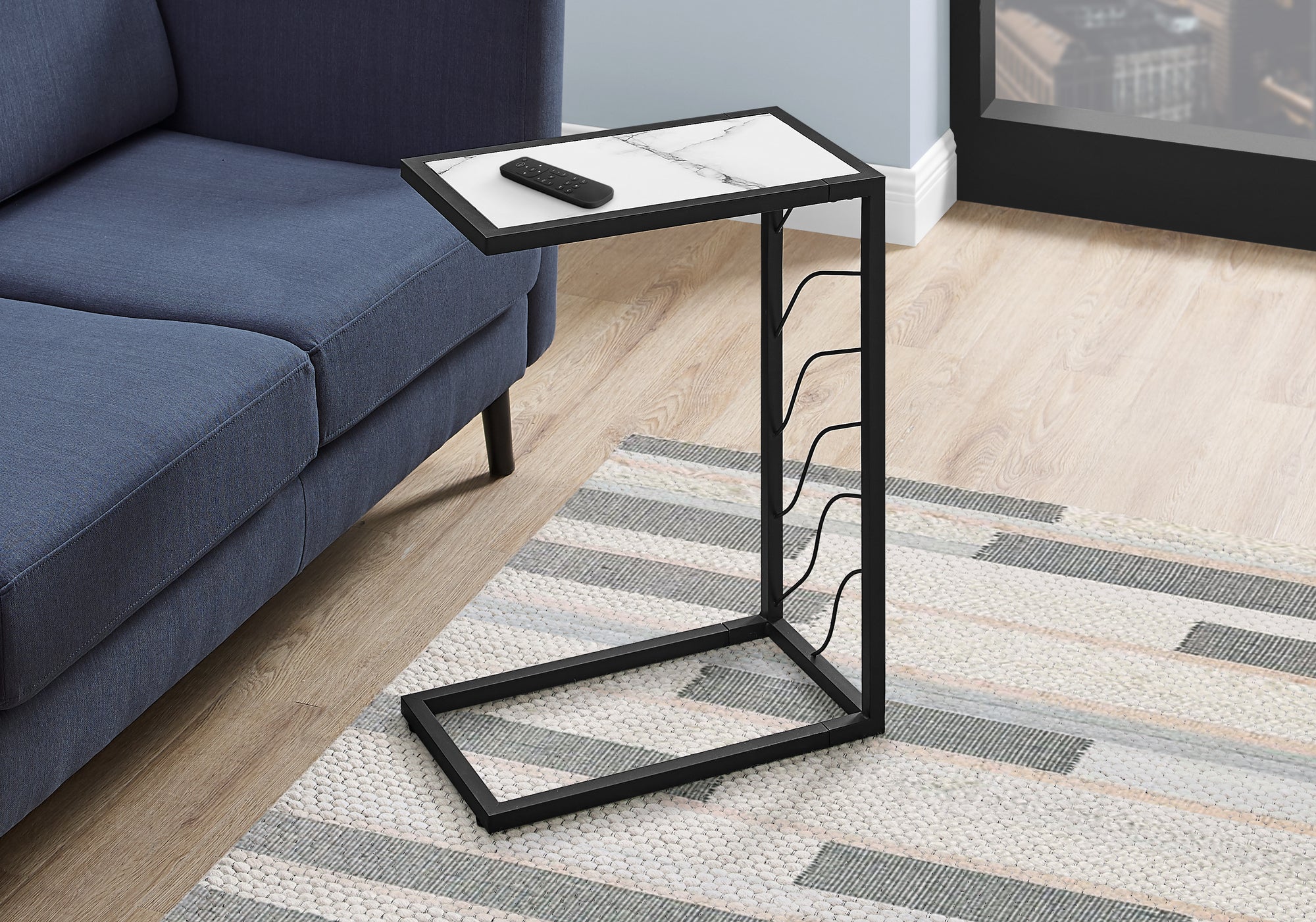 Accent Table C-Shaped 25"H White Marble-Look Black Metal-Accent Table-DECOROLALA