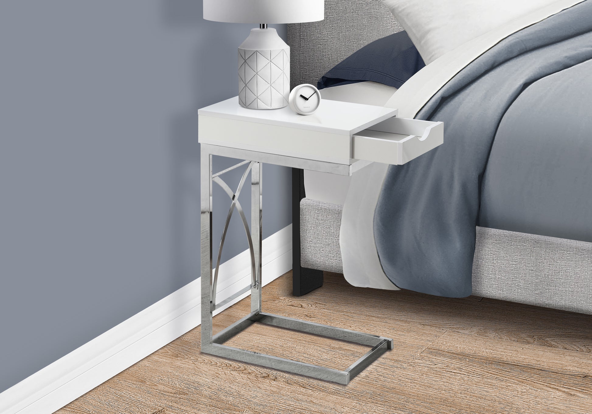 Accent Table Chrome Metal Glossy White Drawer-Accent Table-DECOROLALA