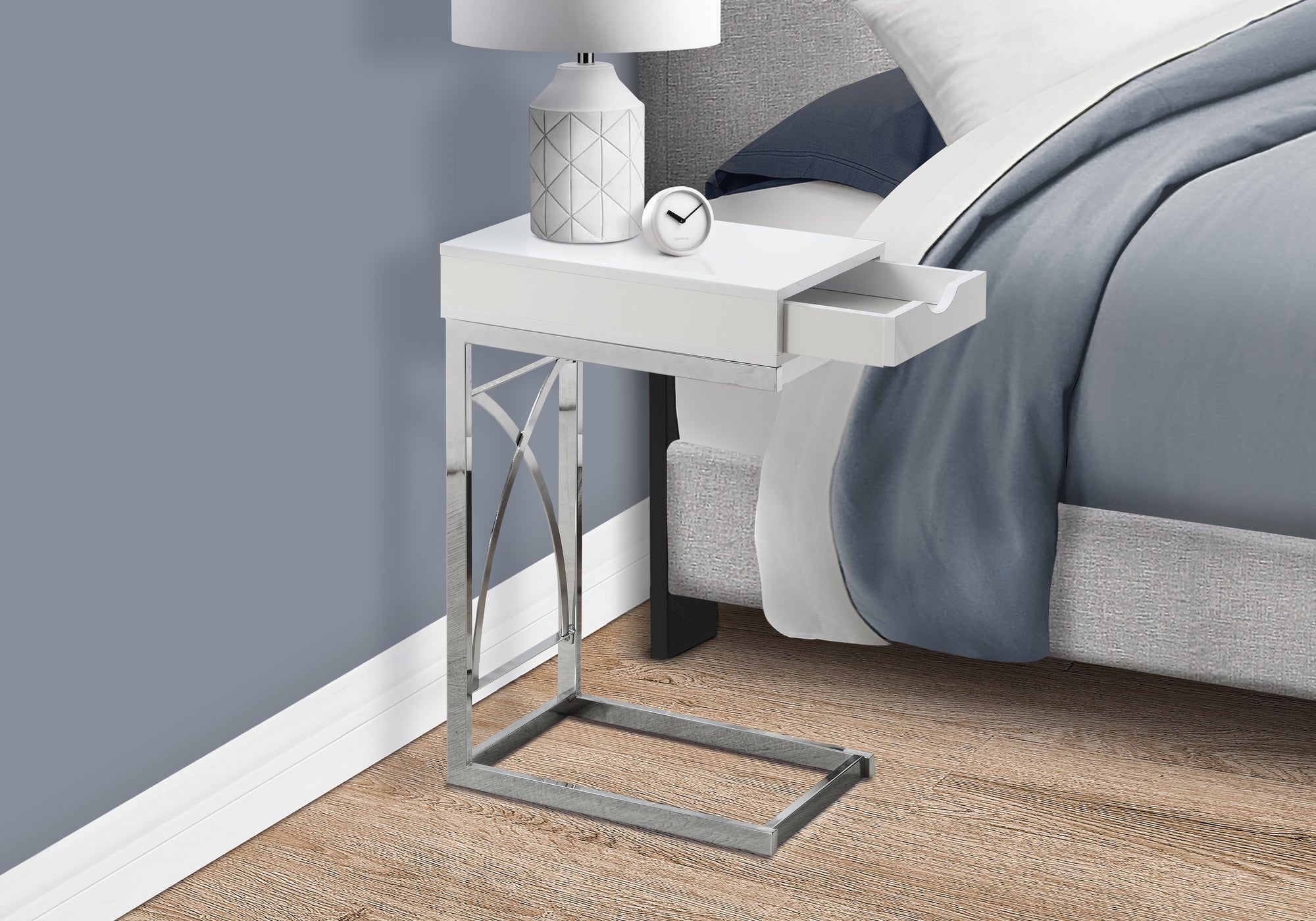 Accent Table Chrome Metal Glossy White Drawer-Accent Table-DECOROLALA