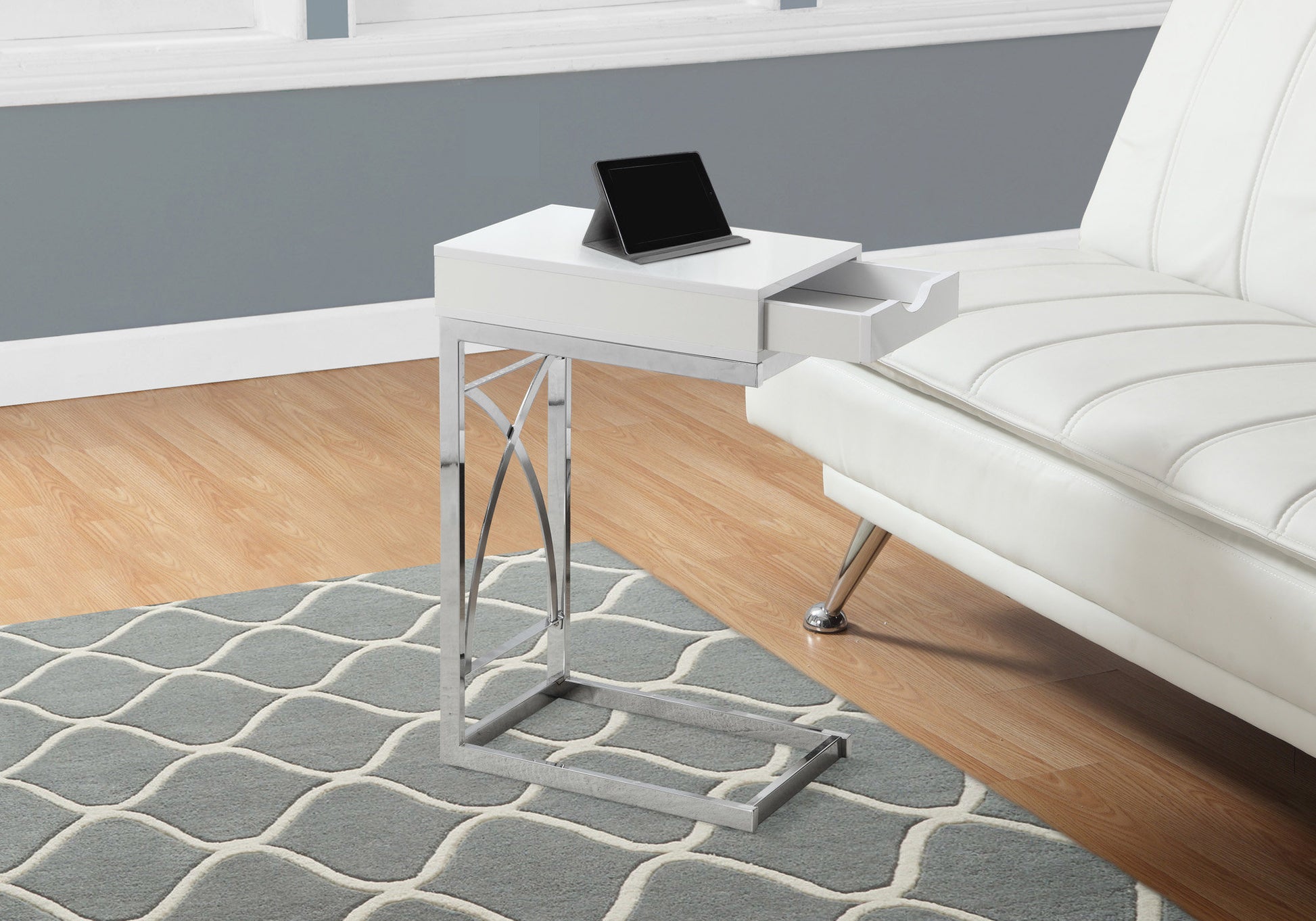 Accent Table Chrome Metal Glossy White Drawer-Accent Table-DECOROLALA