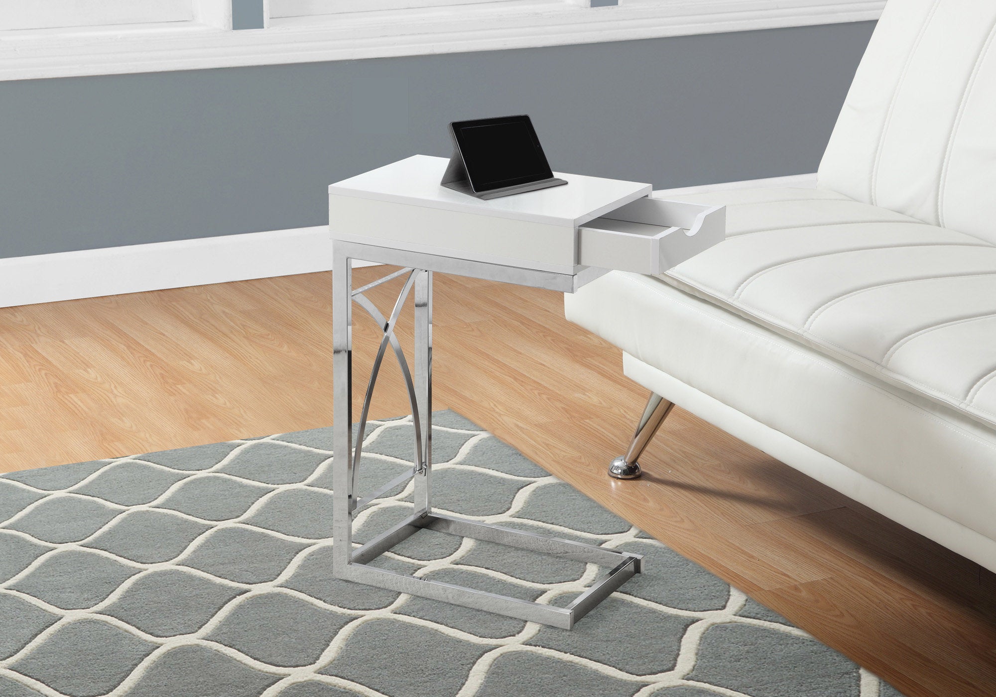 Accent Table Chrome Metal Glossy White Drawer-Accent Table-DECOROLALA