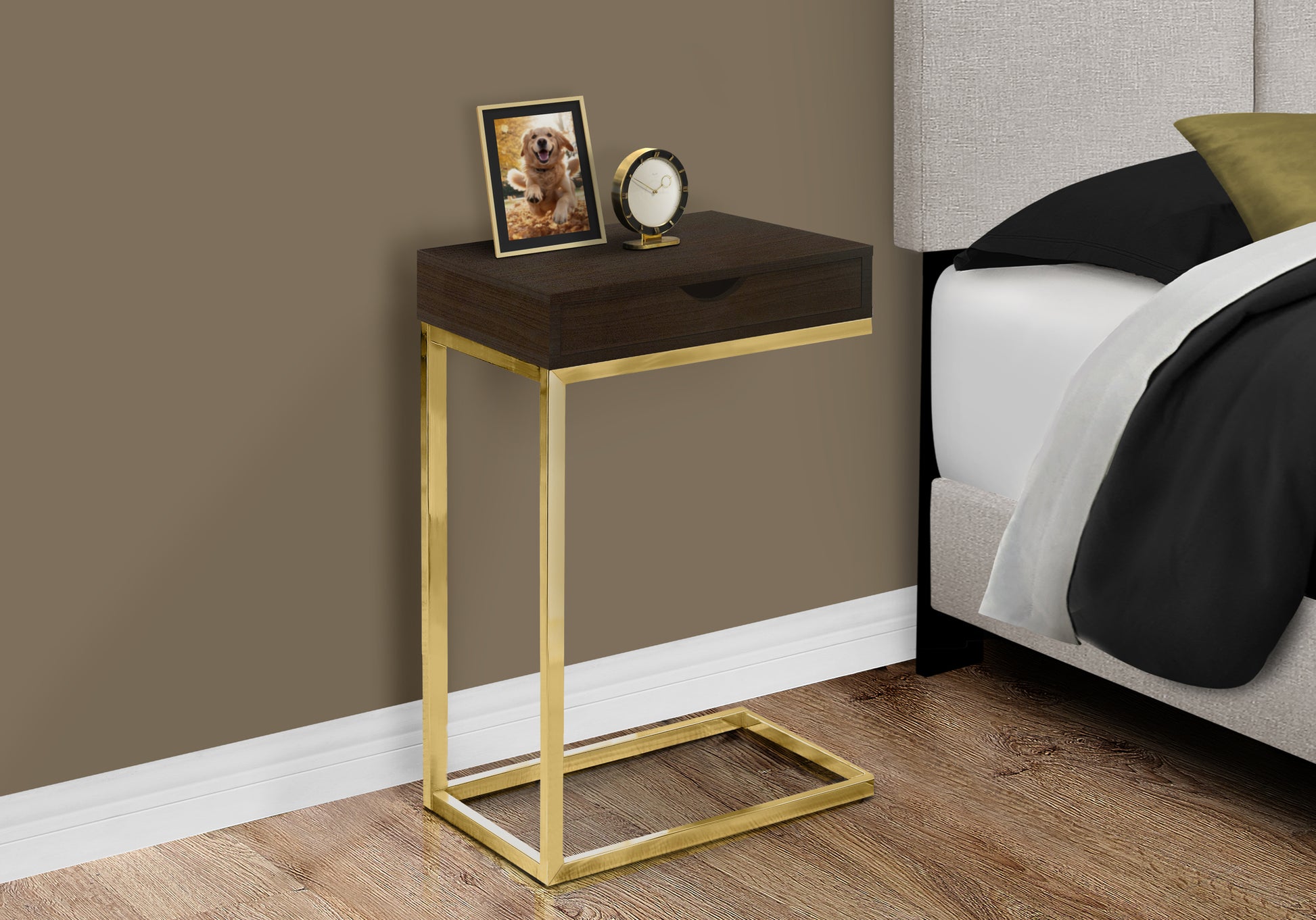 Accent Table Espresso C-Shape with Drawer-Coffee Table-DECOROLALA
