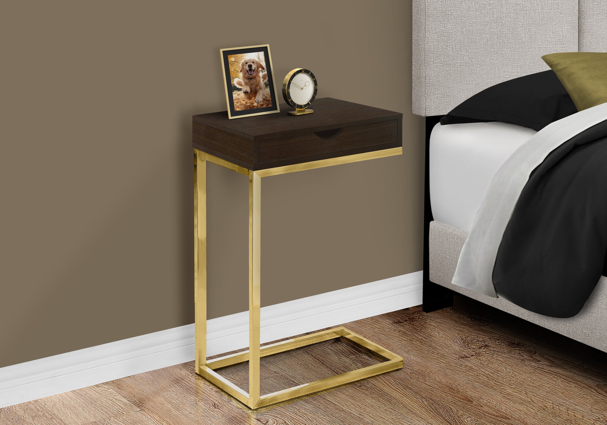 Accent Table Espresso C-Shape with Drawer-Coffee Table-DECOROLALA