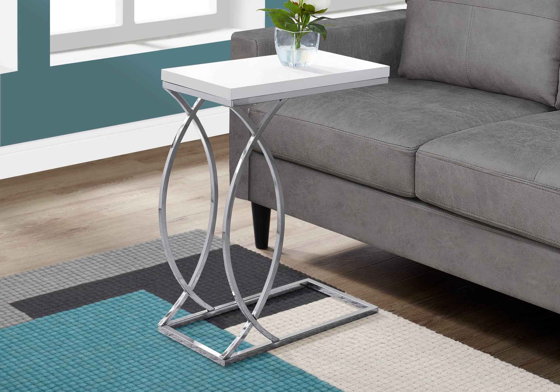 Accent Table - Glossy White With Chrome Metal-Accent Table-DECOROLALA