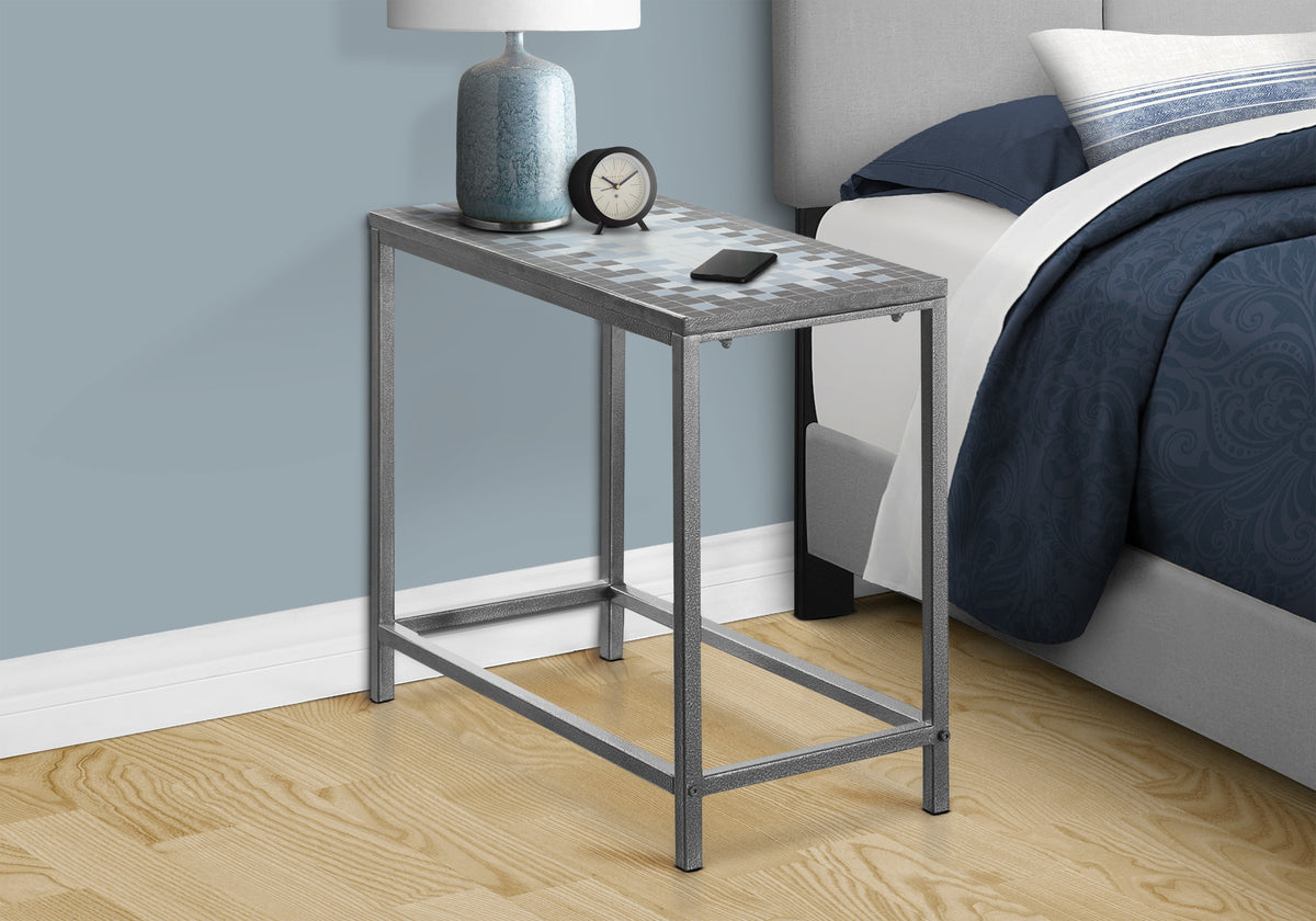 Accent Table Grey Blue Tile Top Hammered Silver-Accent Tables-DECOROLALA