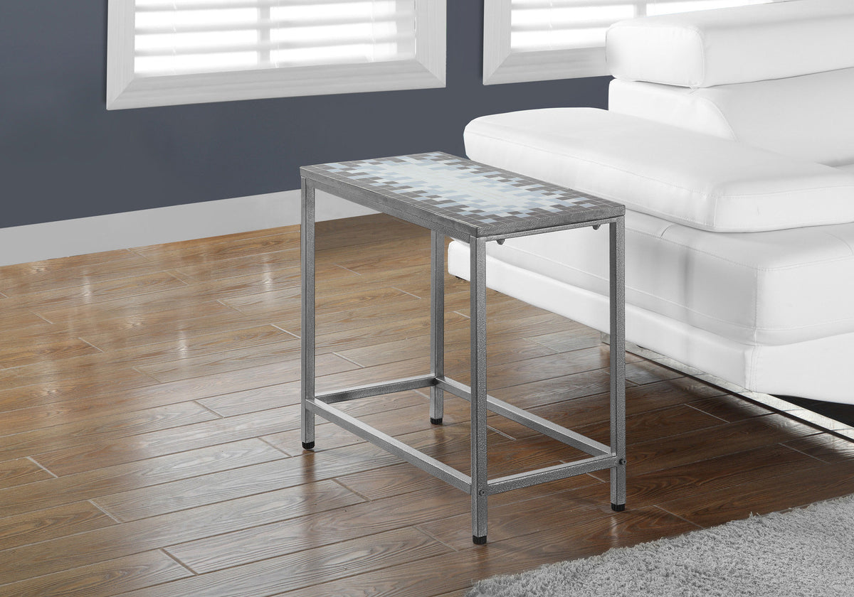 Accent Table Grey Blue Tile Top Hammered Silver-Accent Tables-DECOROLALA