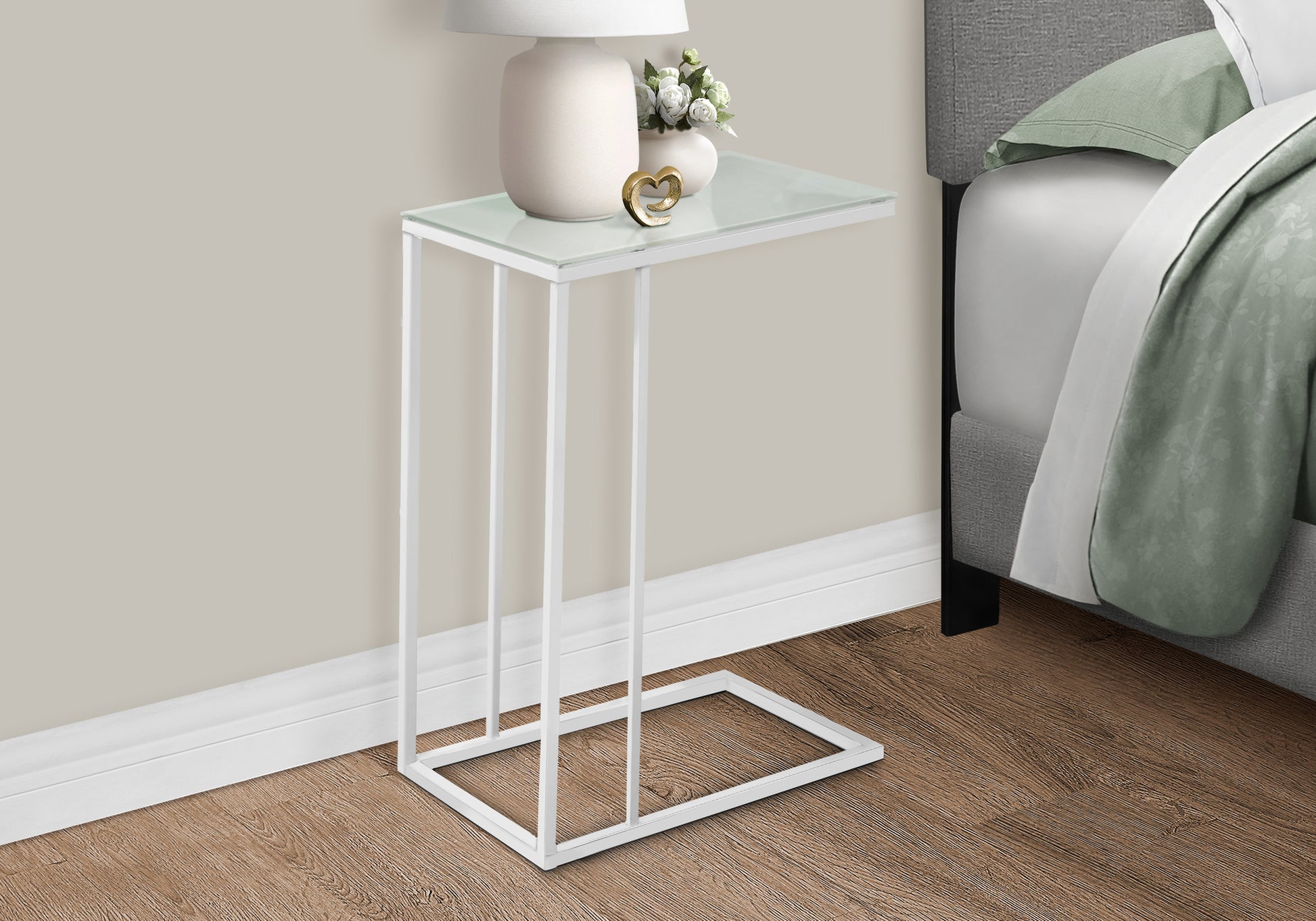 Accent Table - White Metal With Frosted Tempered Glass-Accent Table-DECOROLALA
