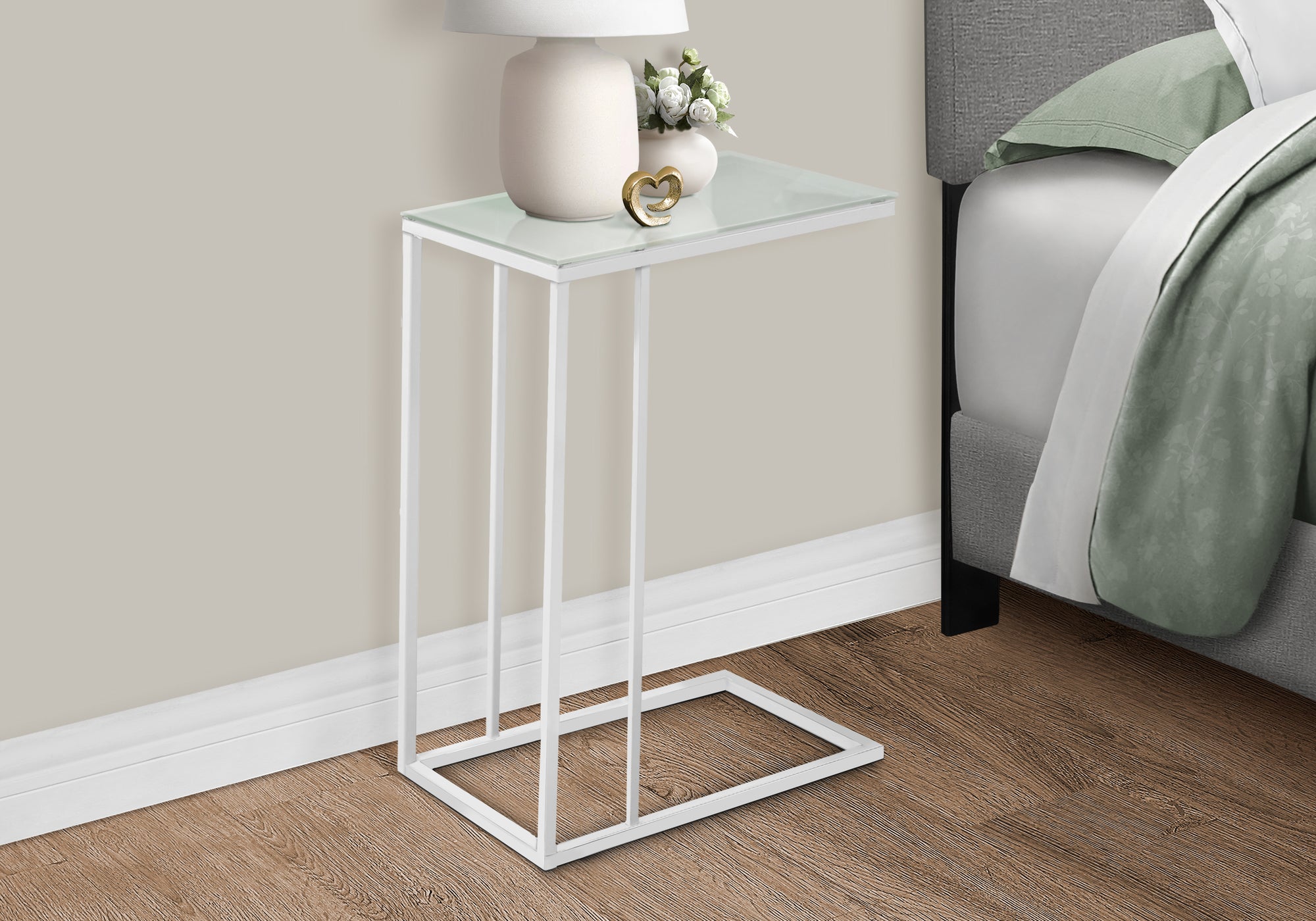 Accent Table - White Metal With Frosted Tempered Glass-Accent Table-DECOROLALA