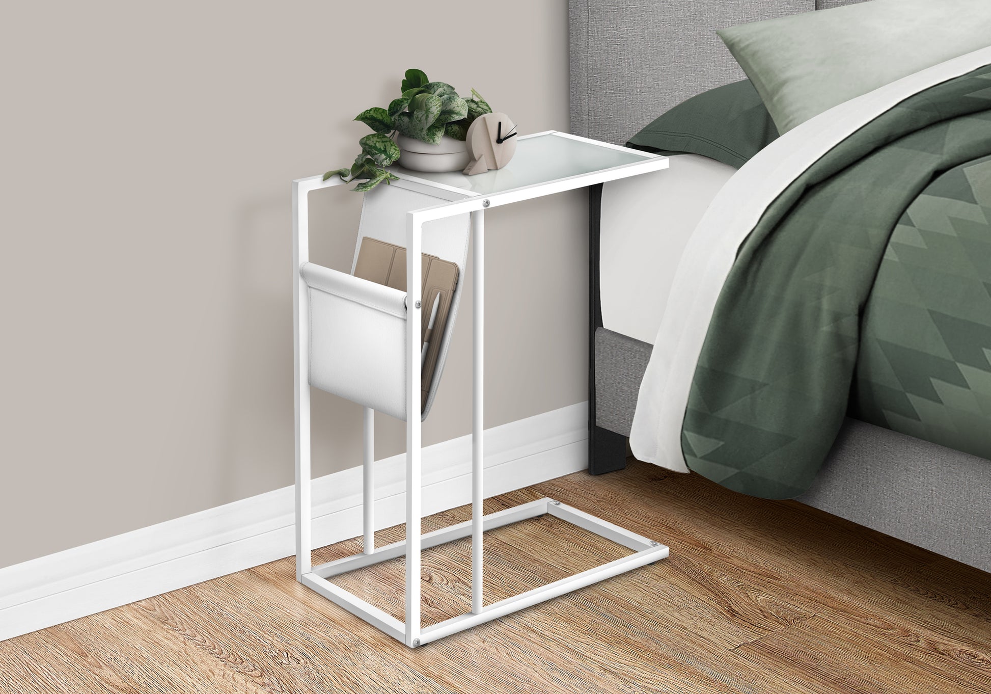 Accent Table White with Magazine Rack and Glass Top-Accent Table-DECOROLALA
