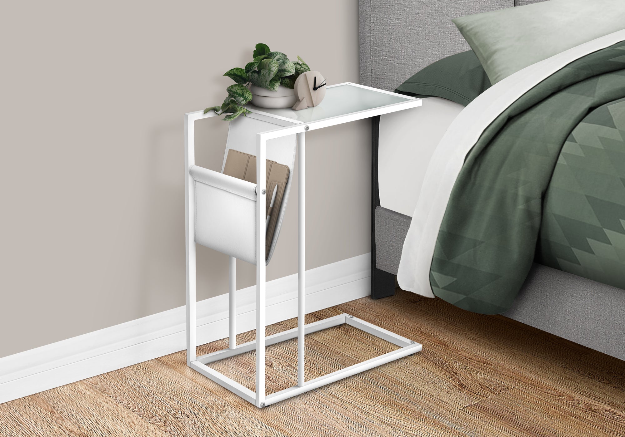 Accent Table White with Magazine Rack and Glass Top-Accent Table-DECOROLALA