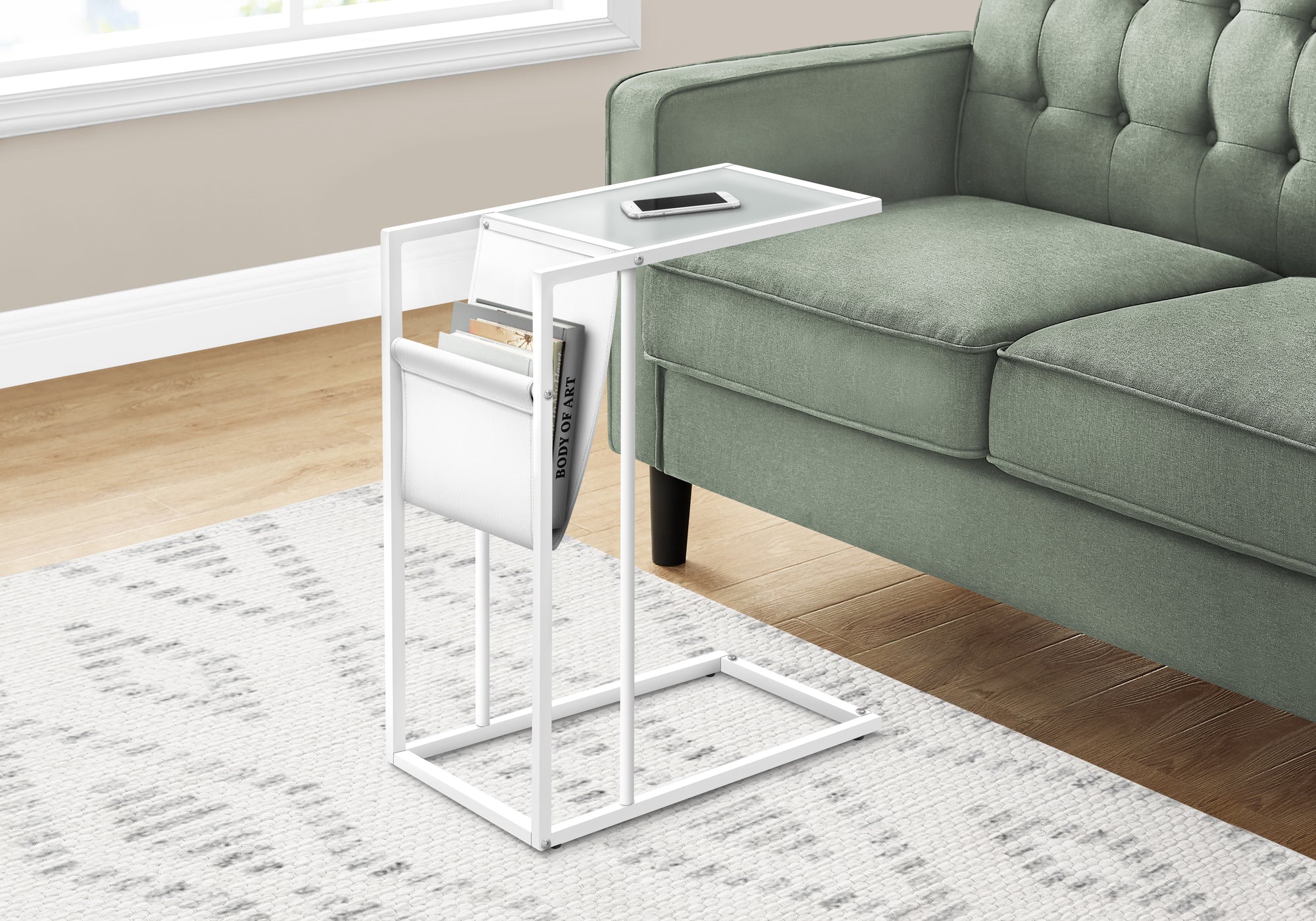 Accent Table White with Magazine Rack and Glass Top-Accent Table-DECOROLALA