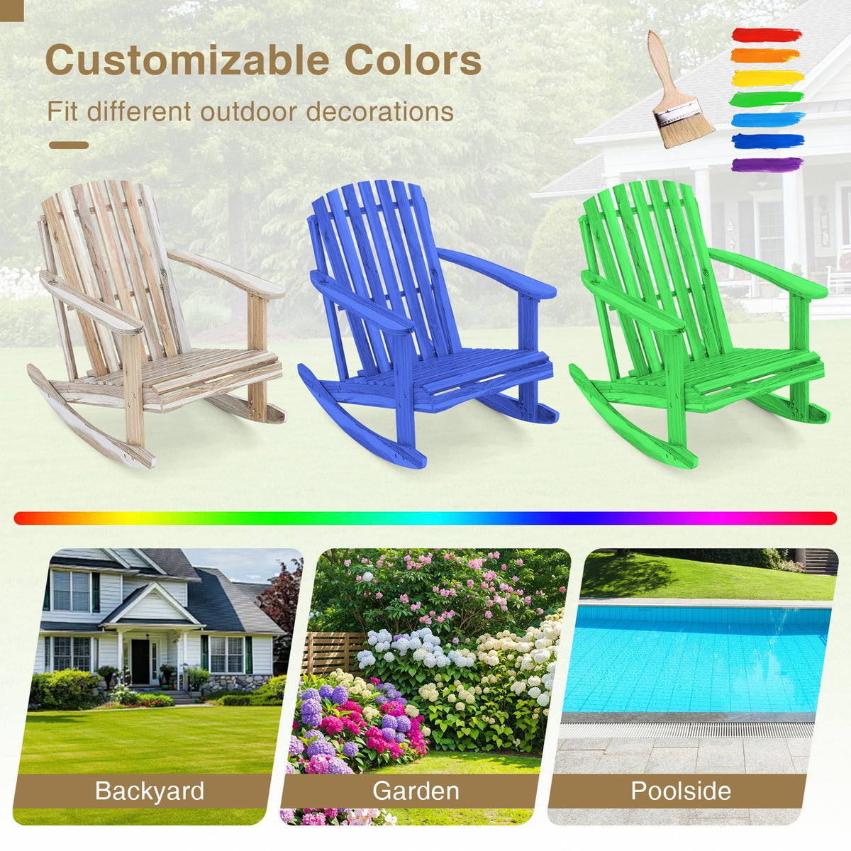 Adirondack Rocking Chair with Slatted Seat and High Fanned Back-Natural-Adirondack Chairs-DECOROLALA