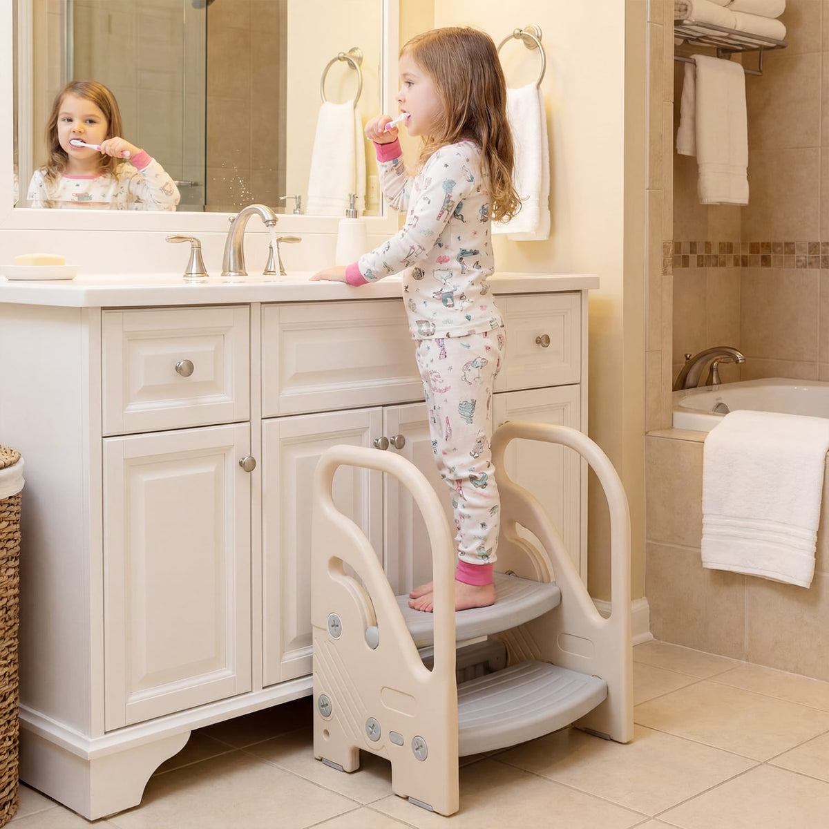 Adjustable 2-Step Kids Helper Stool with Safety Handles and Non-slip Pads for Bedroom-Gray-Toddler & Kids Furniture-DECOROLALA