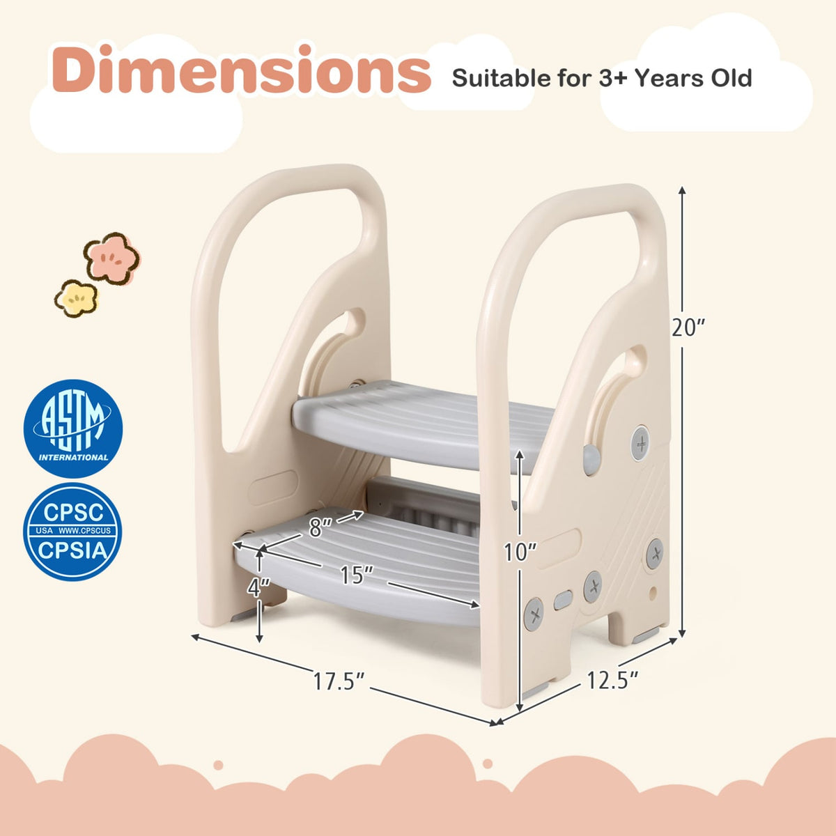 Adjustable 2-Step Kids Helper Stool with Safety Handles and Non-slip Pads for Bedroom-Gray-Toddler & Kids Furniture-DECOROLALA
