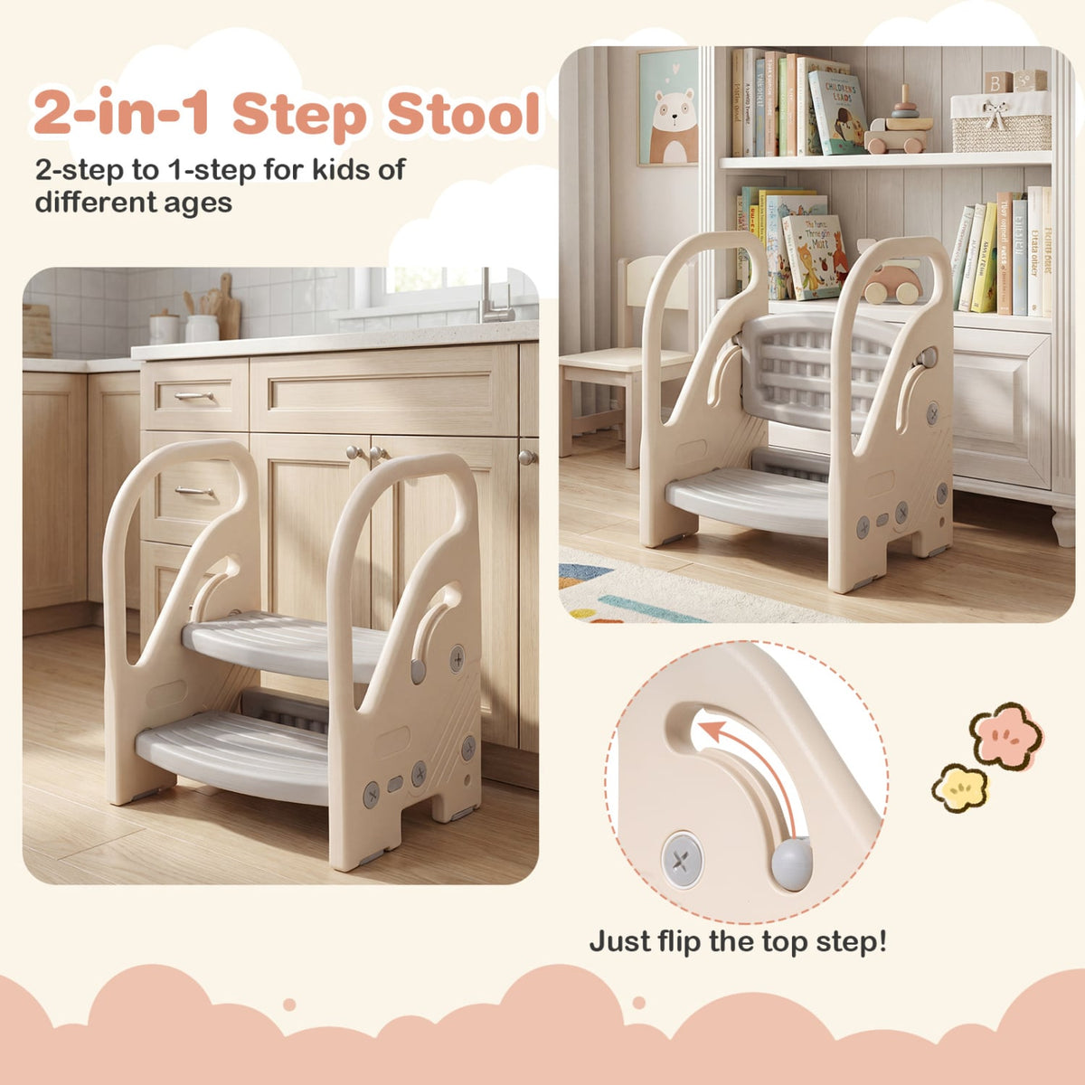 Adjustable 2-Step Kids Helper Stool with Safety Handles and Non-slip Pads for Bedroom-Gray-Toddler & Kids Furniture-DECOROLALA