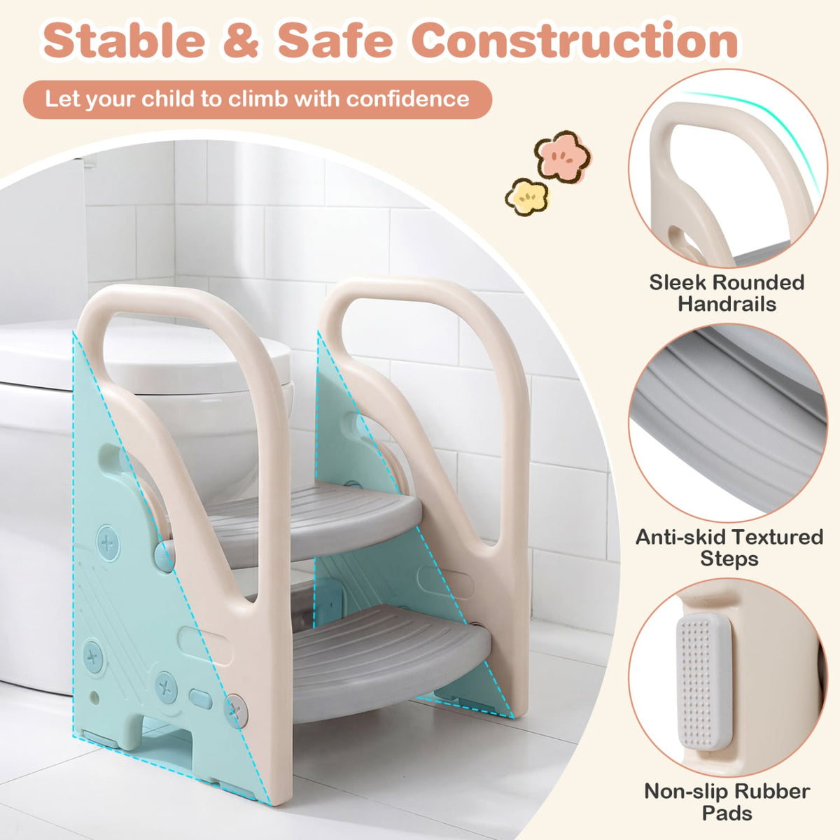 Adjustable 2-Step Kids Helper Stool with Safety Handles and Non-slip Pads for Bedroom-Gray-Toddler & Kids Furniture-DECOROLALA