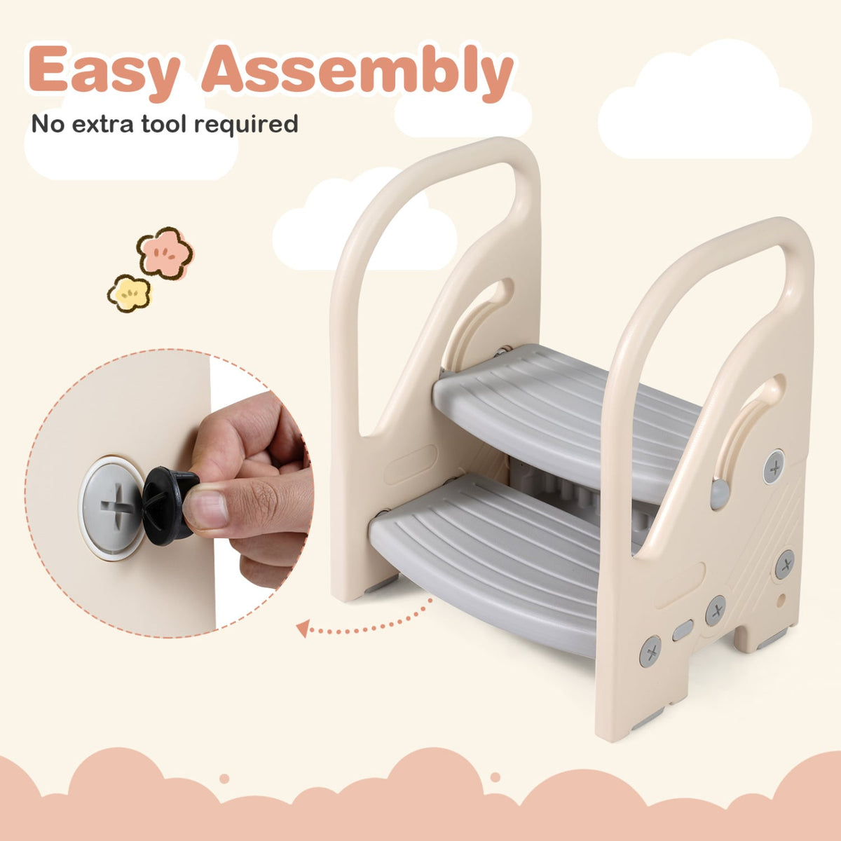 Adjustable 2-Step Kids Helper Stool with Safety Handles and Non-slip Pads for Bedroom-Gray-Toddler & Kids Furniture-DECOROLALA