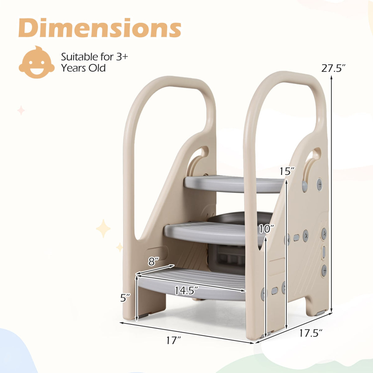 Adjustable 3-Step Helper Stool with Safety Handles and for kids-Gray-Kids Chairs & Seating-DECOROLALA