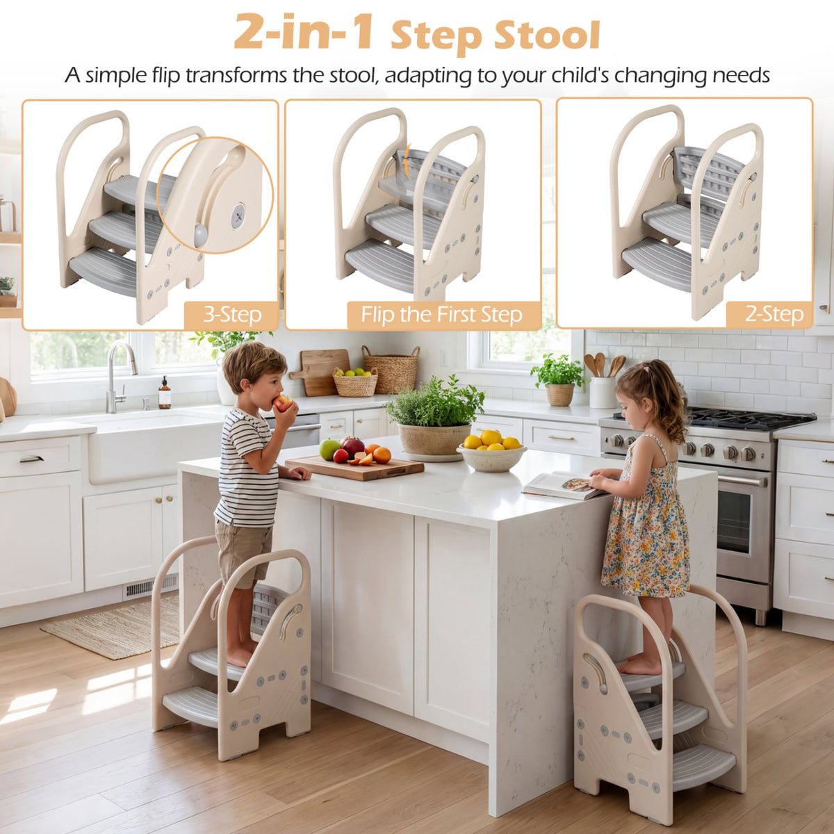 Adjustable 3-Step Helper Stool with Safety Handles and for kids-Gray-Kids Chairs & Seating-DECOROLALA