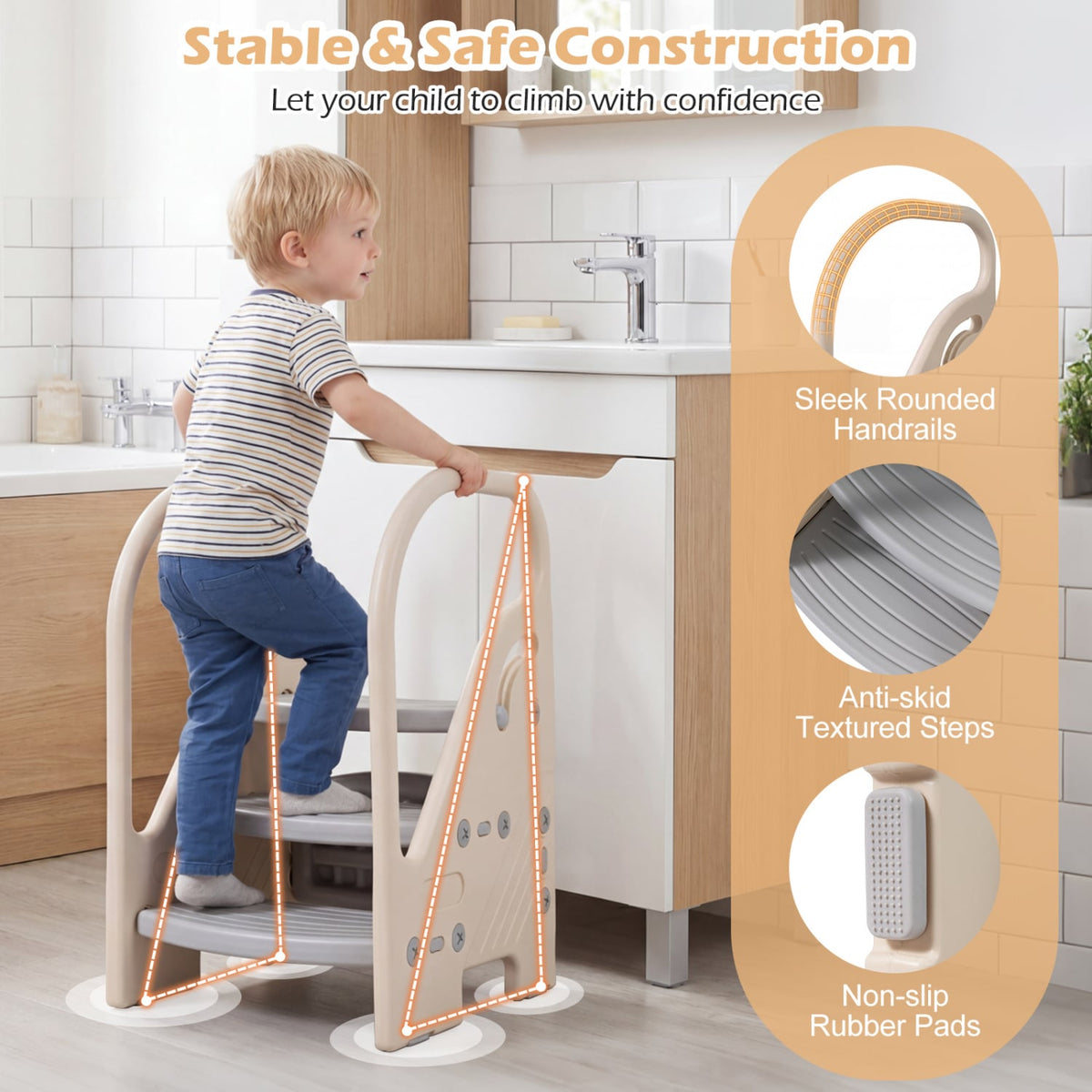 Adjustable 3-Step Helper Stool with Safety Handles and for kids-Gray-Kids Chairs & Seating-DECOROLALA
