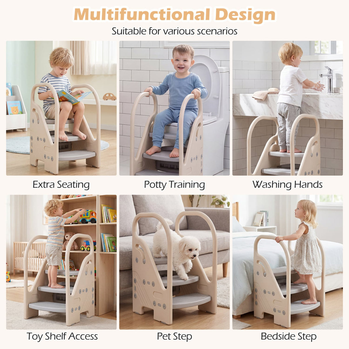 Adjustable 3-Step Helper Stool with Safety Handles and for kids-Gray-Kids Chairs & Seating-DECOROLALA