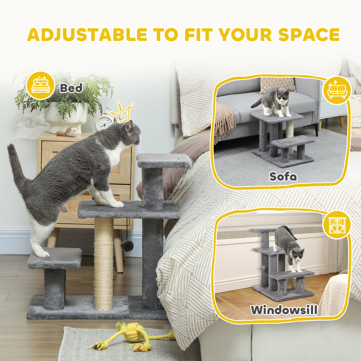 Adjustable 3-Tier Pet Stairs with Sisal Scratching Post - Grey-Dogs-DECOROLALA